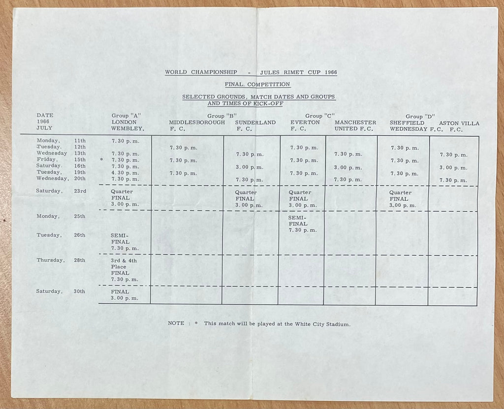 1966 WORLD CUP ORIGINAL OFFICIAL TICKET INFORMATION AND MATCH INFORMATION SHEET