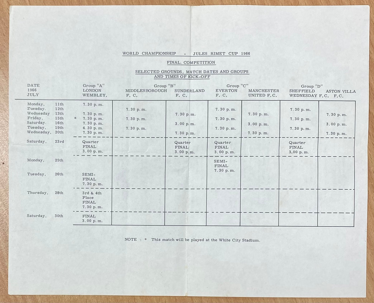 1966 WORLD CUP ORIGINAL OFFICIAL TICKET INFORMATION AND MATCH INFORMATION SHEET