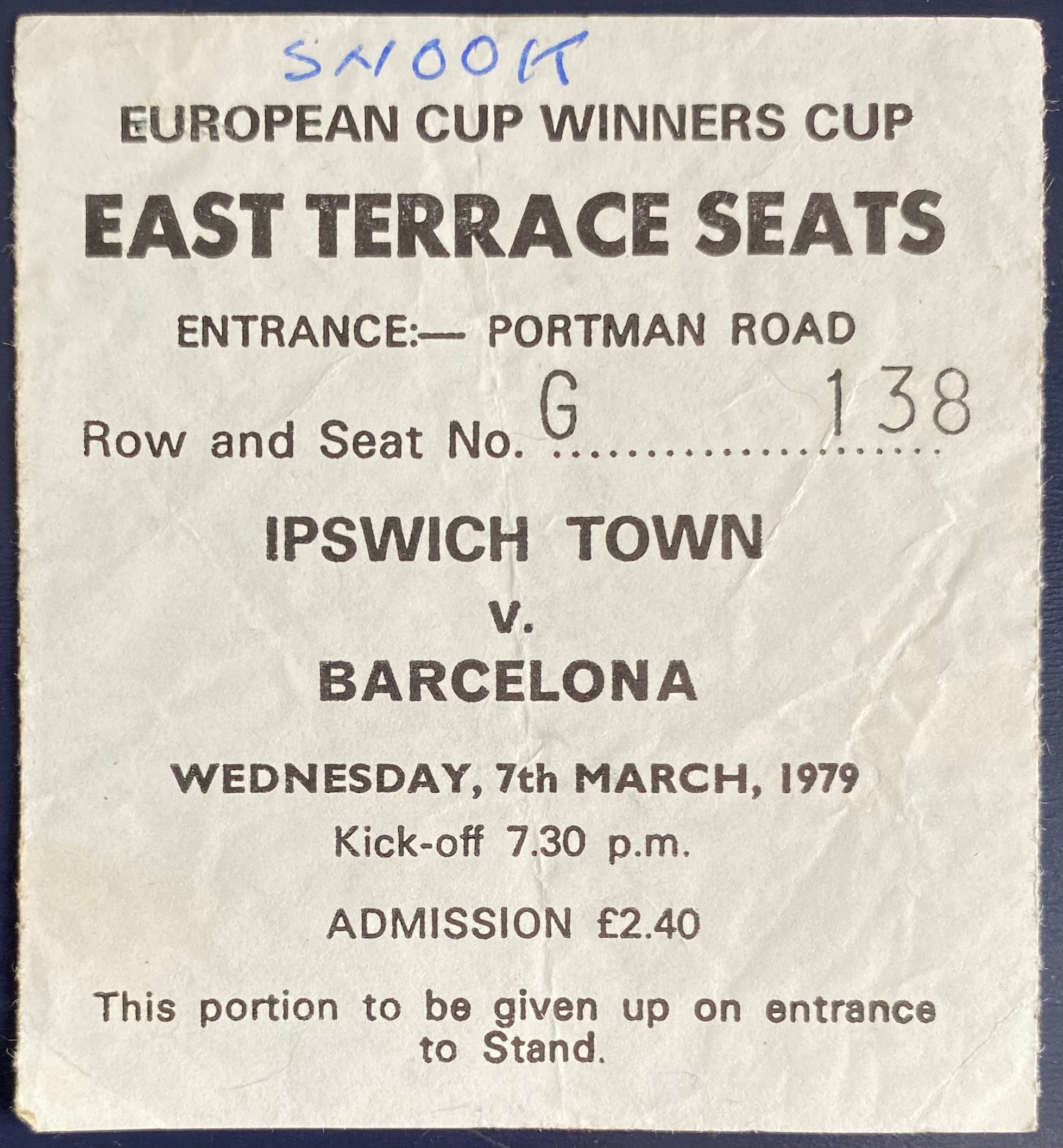 1978/79 ORIGINAL EUROPEAN CUP WINNERS CUP QUARTER FINAL 1ST LEG TICKET IPSWICH TOWN V BARCELONA