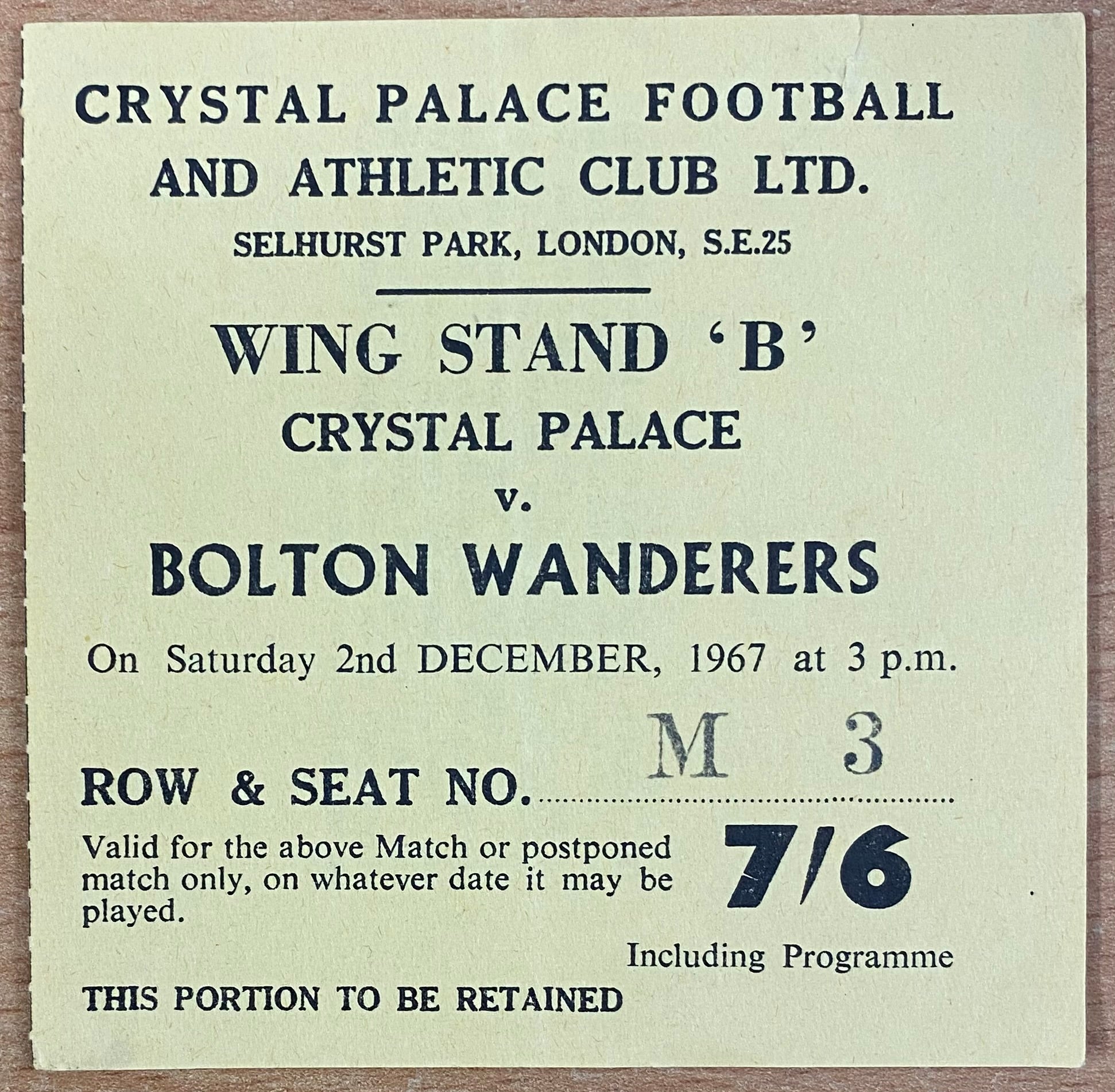 1967/68 ORIGINAL DIVISION 2 TICKET CRYSTAL PALACE V BOLTON WANDERERS