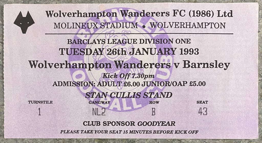 1992/93 ORIGINAL DIVISION 1 TICKET WOLVERHAMPTON WANDERERS V BARNSLEY