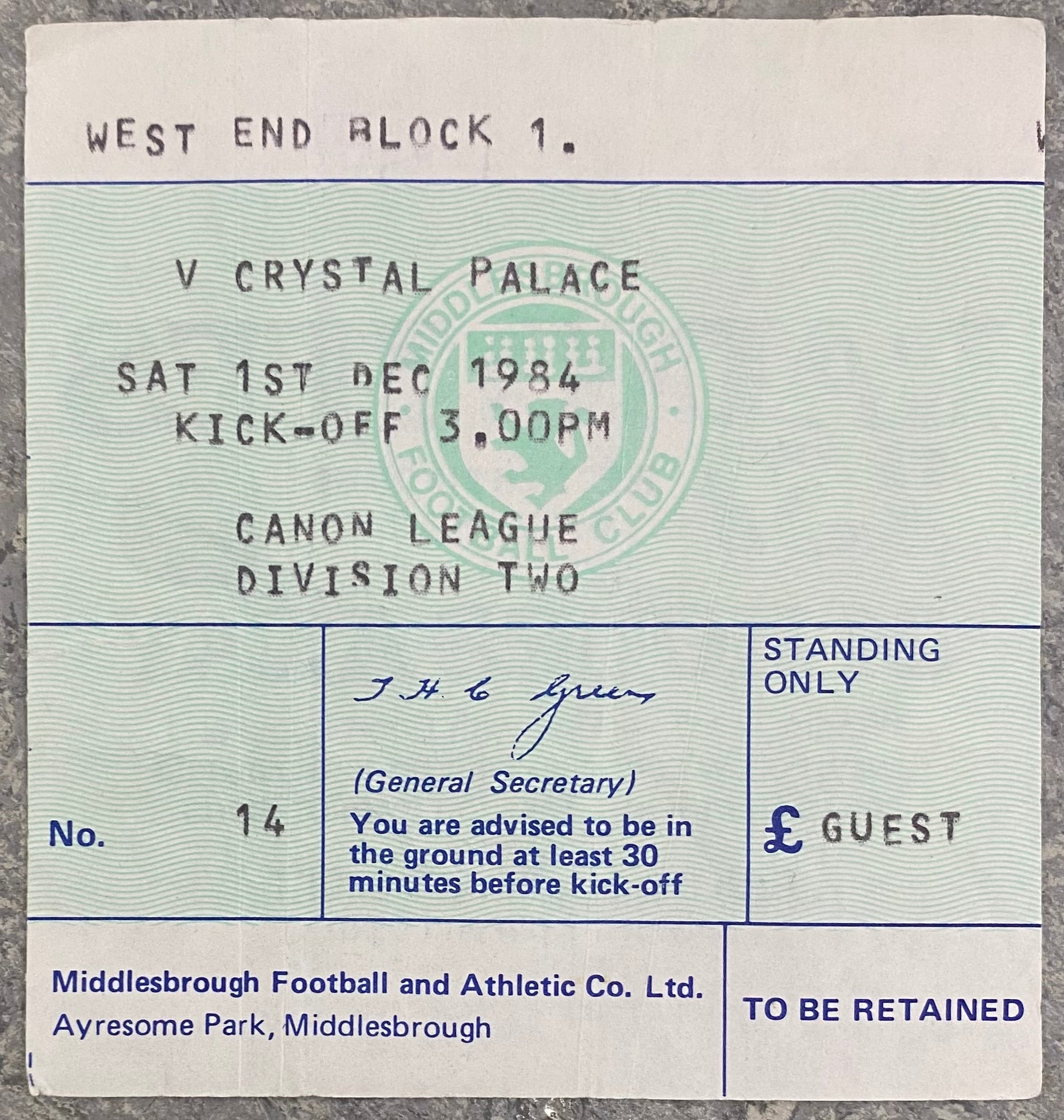 1984/85 ORIGINAL DIVISION 2 TICKET MIDDLESBROUGH V CRYSTAL PALACE