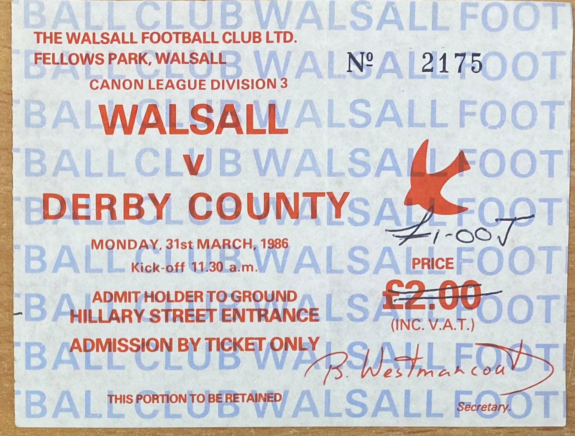 1985/86 ORIGINAL DIVISION 3 TICKET WALSALL V DERBY COUNTY