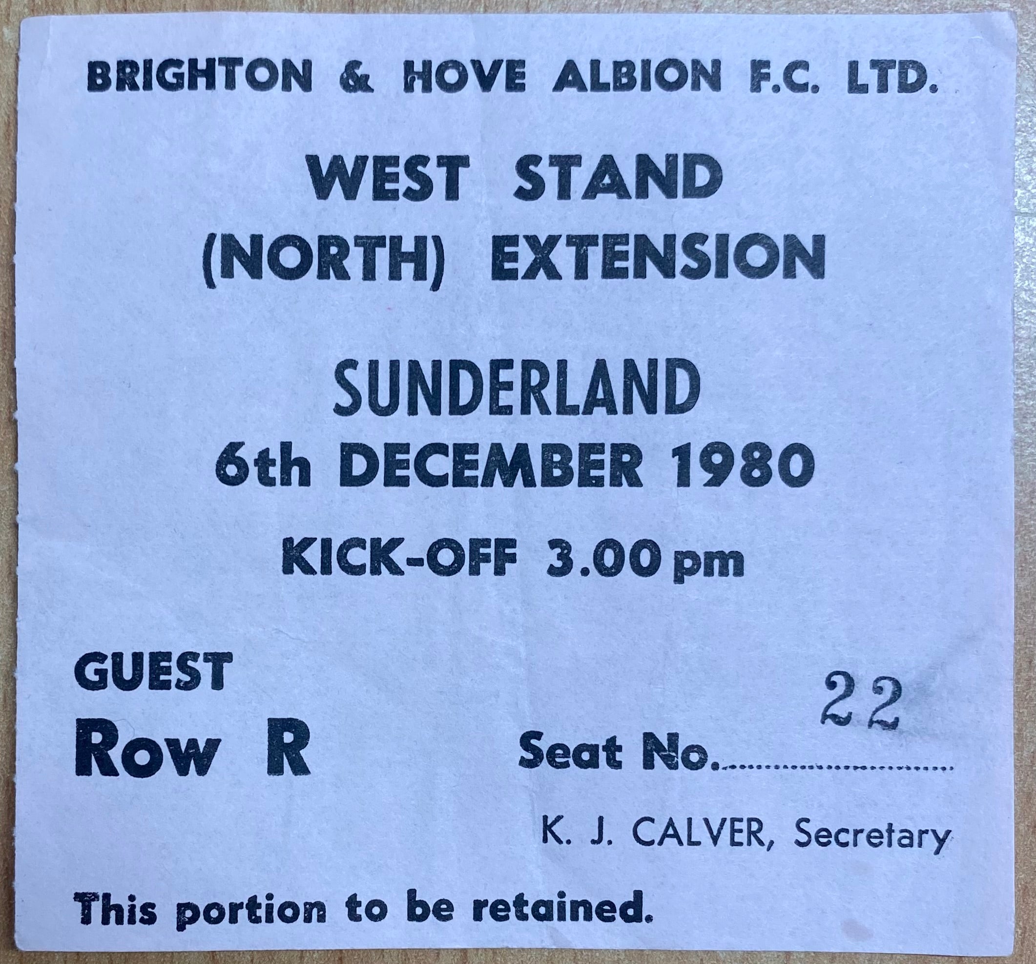 1980/81 ORIGINAL DIVISION 1 TICKET BRIGHTON AND HOVE ALBION V SUNDERLAND