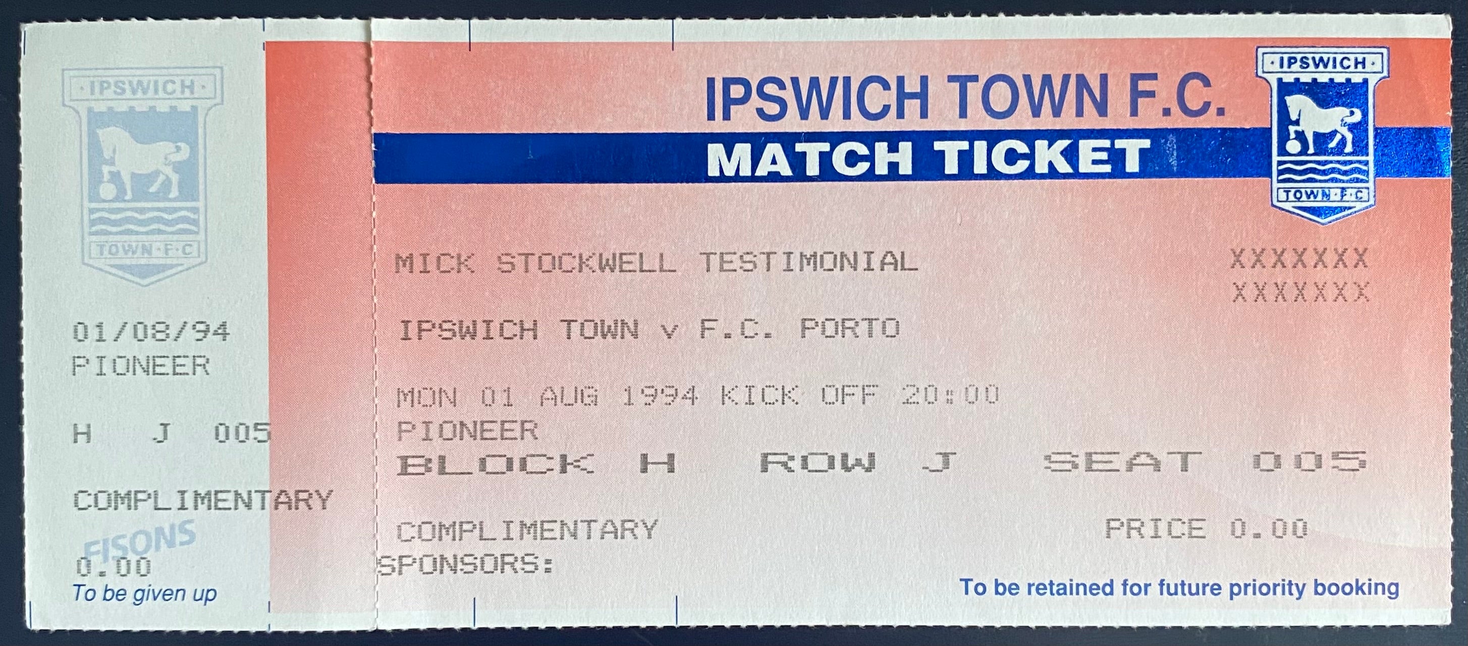 1994/95 ORIGINAL MICK STOCKWELL TESTIMONIAL TICKET IPSWICH TOWN V FC PORTO