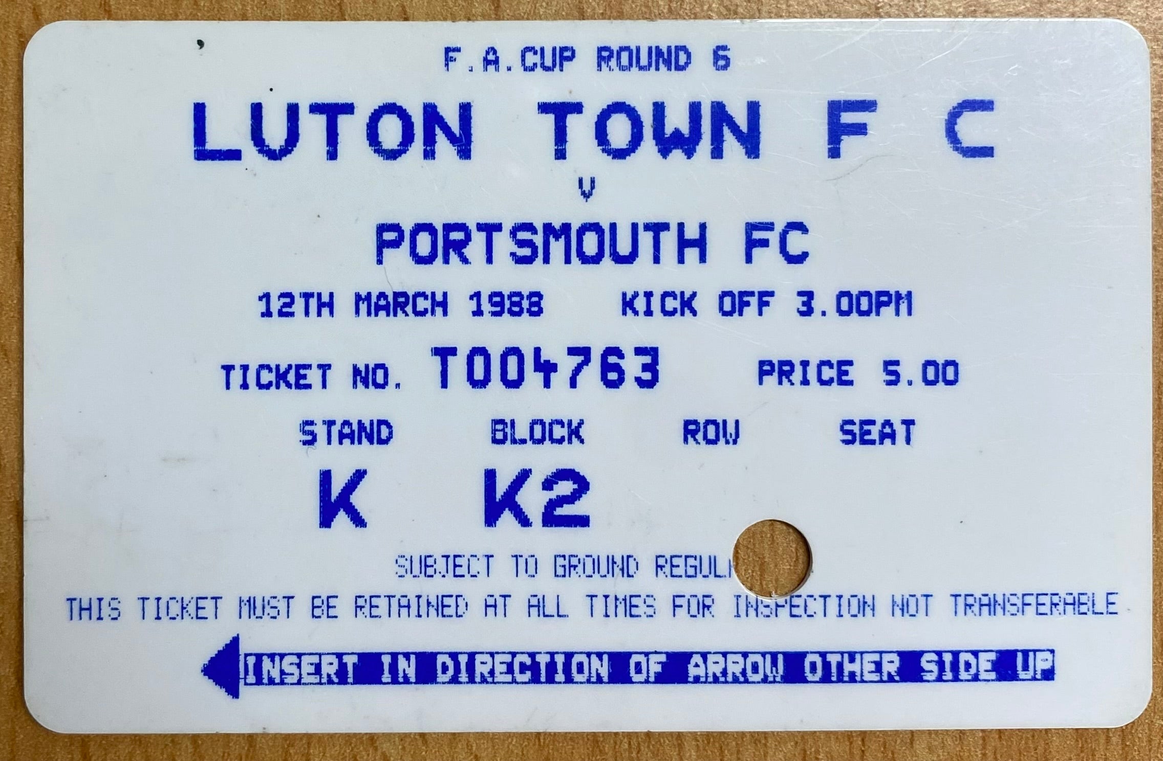 1987/88 ORIGINAL FA CUP 6TH ROUND TICKET LUTON TOWN V PORTSMOUTH
