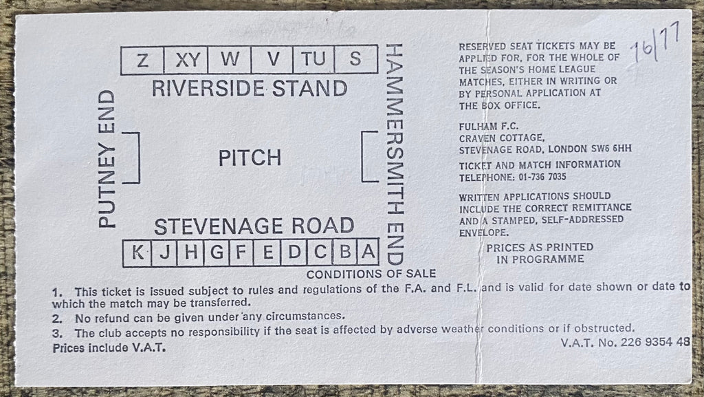 1976/77 ORIGINAL ANGLO SCOTTISH CUP TICKET FULHAM V NORWICH CITY