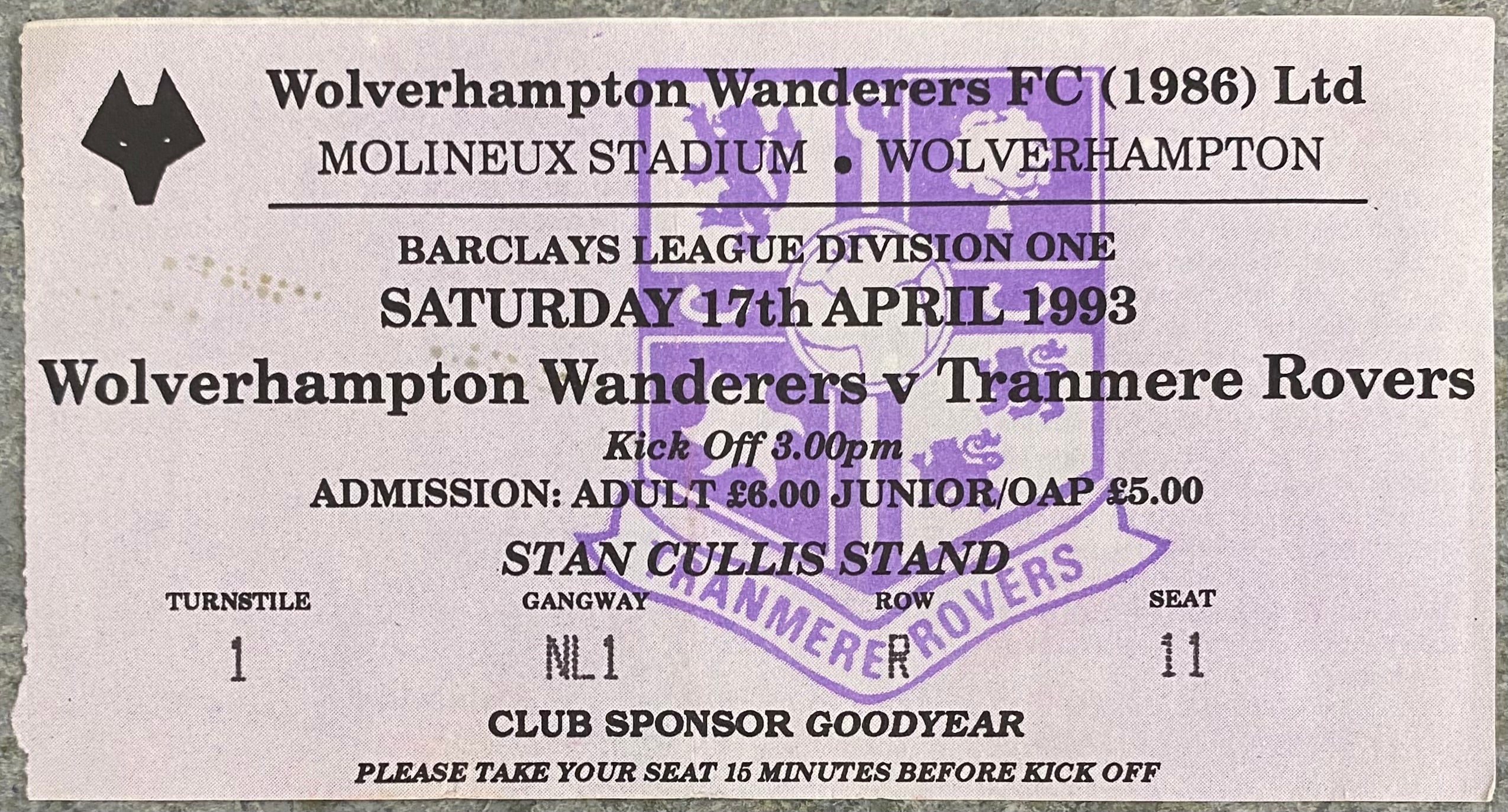 1992/93 ORIGINAL DIVISION 1 TICKET WOLVERHAMPTON WANDERERS V TRANMERE ROVERS