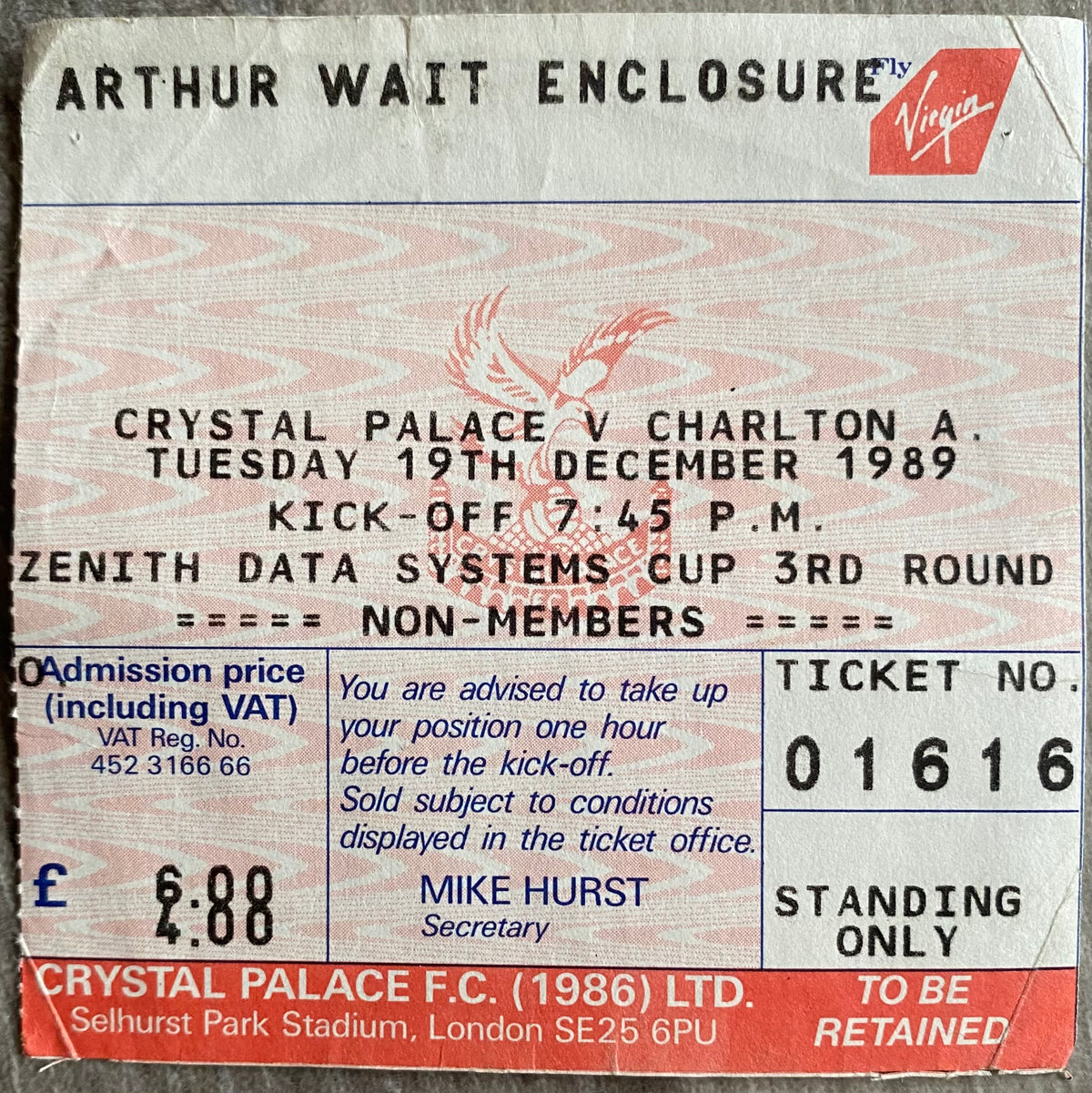 1989/90 ORIGINAL ZENITH DATA SYSTEMS CUP 3RD ROUND TICKET CRYSTAL PALACE V CHARLTON ATHLETIC