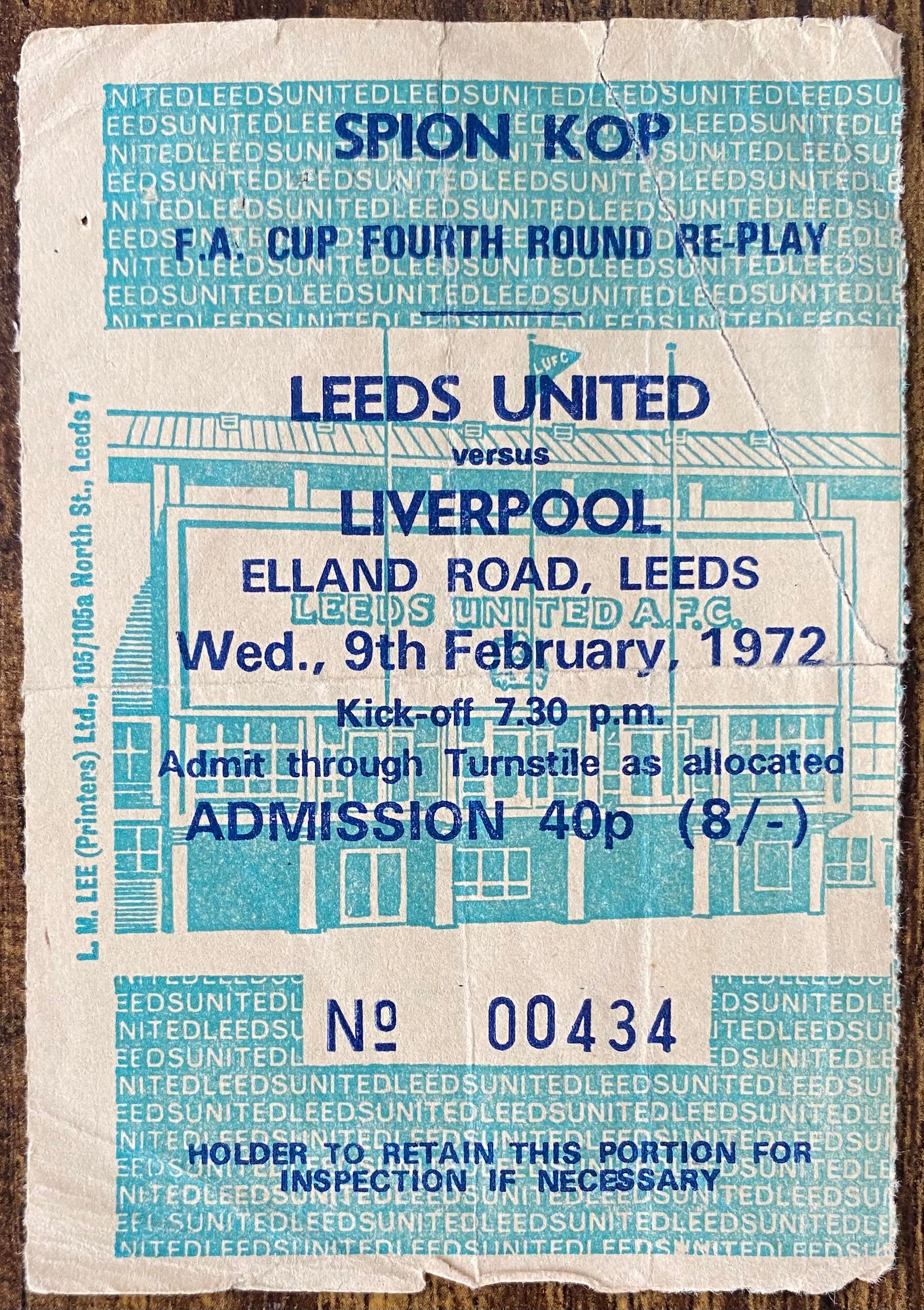 1971/72 ORIGINAL FA CUP 4TH ROUND REPLAY TICKET LEEDS UNITED V LIVERPOOL
