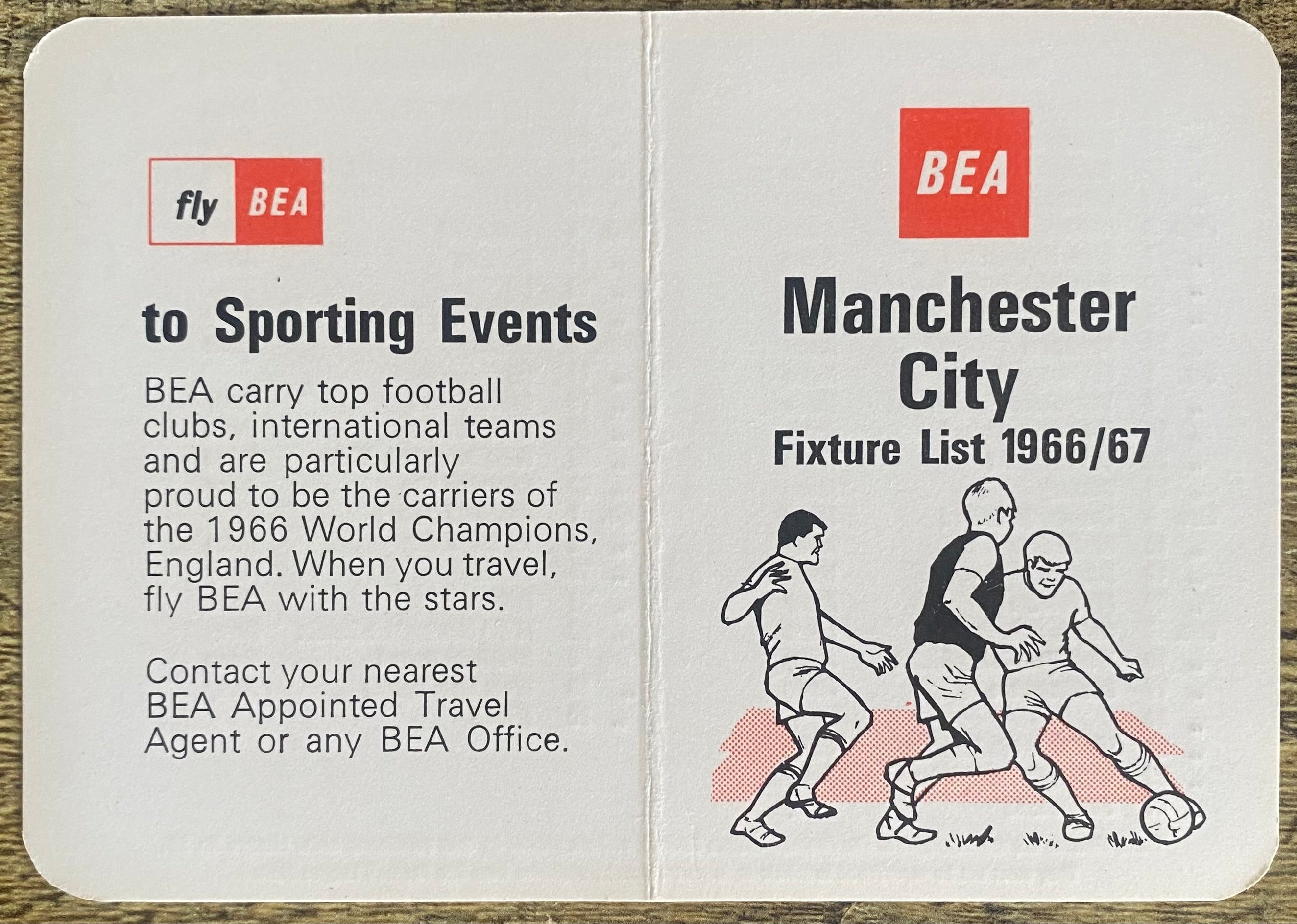 1966/67 ORIGINAL BRITISH EUROPEAN AIRWAYS FIXTURE LIST FOR MANCHESTER CITY