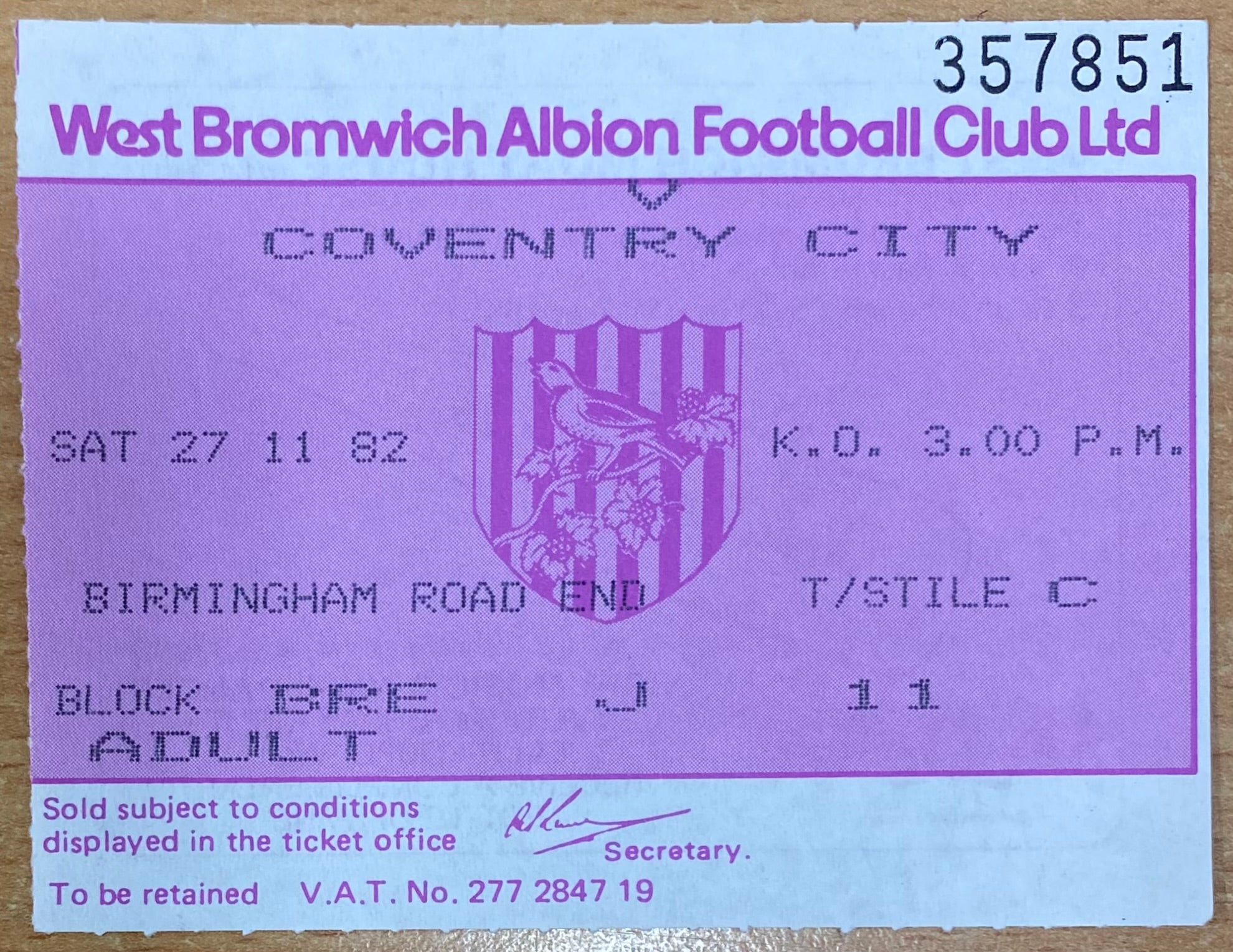 1982/83 ORIGINAL DIVISION 1 TICKET WEST BROMWICH ALBION V COVENTRY CITY