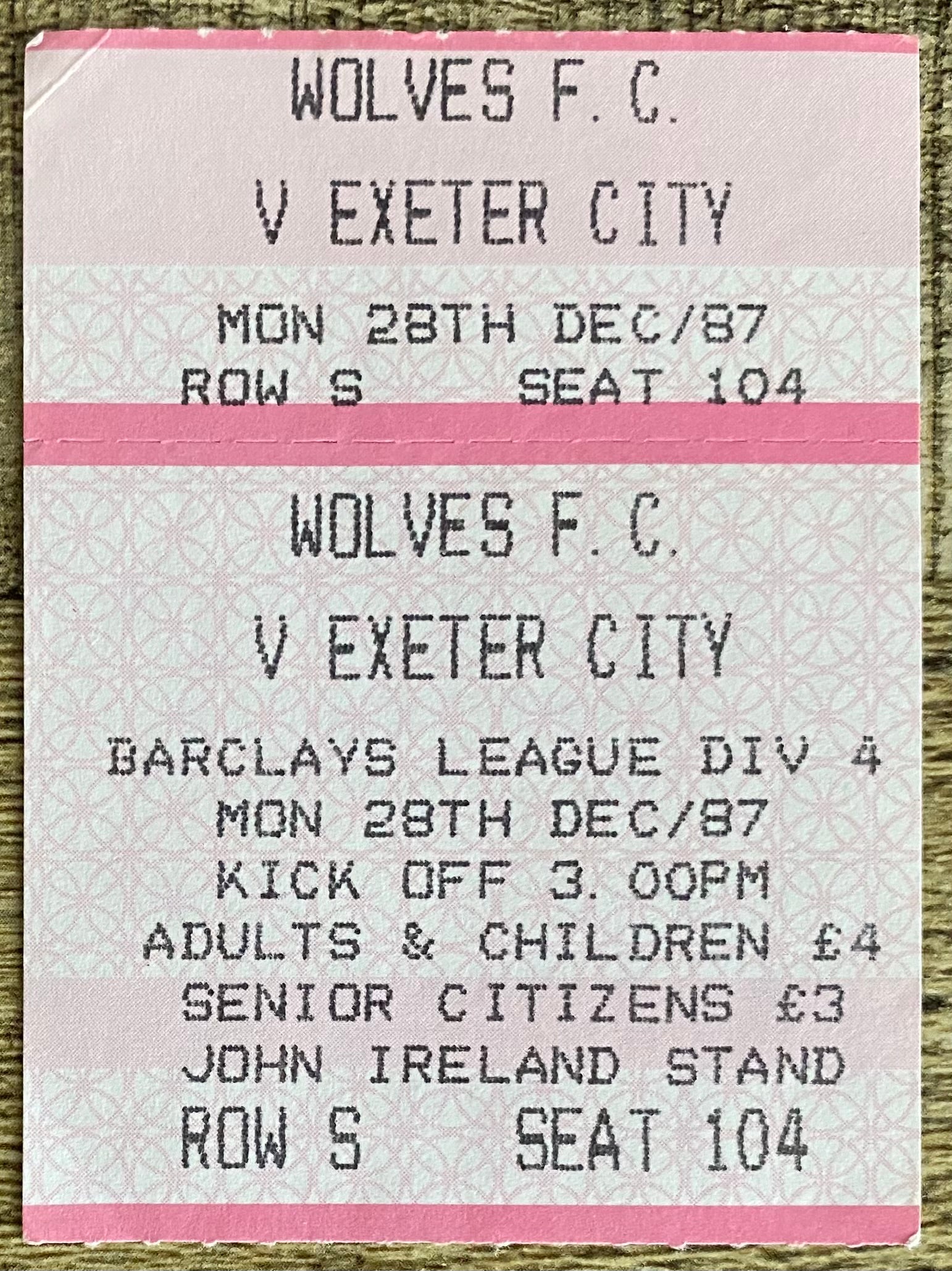 1987/88 ORIGINAL DIVISION 4 TICKET WOLVERHAMPTON WANDERERS V EXETER CITY