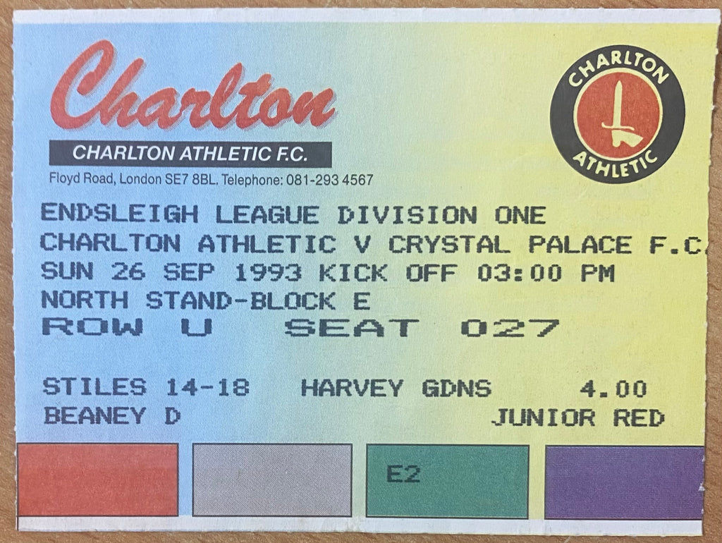 1993/94 ORIGINAL DIVISION 1 TICKET CHARLTON ATHLETIC V CRYSTAL PALACE