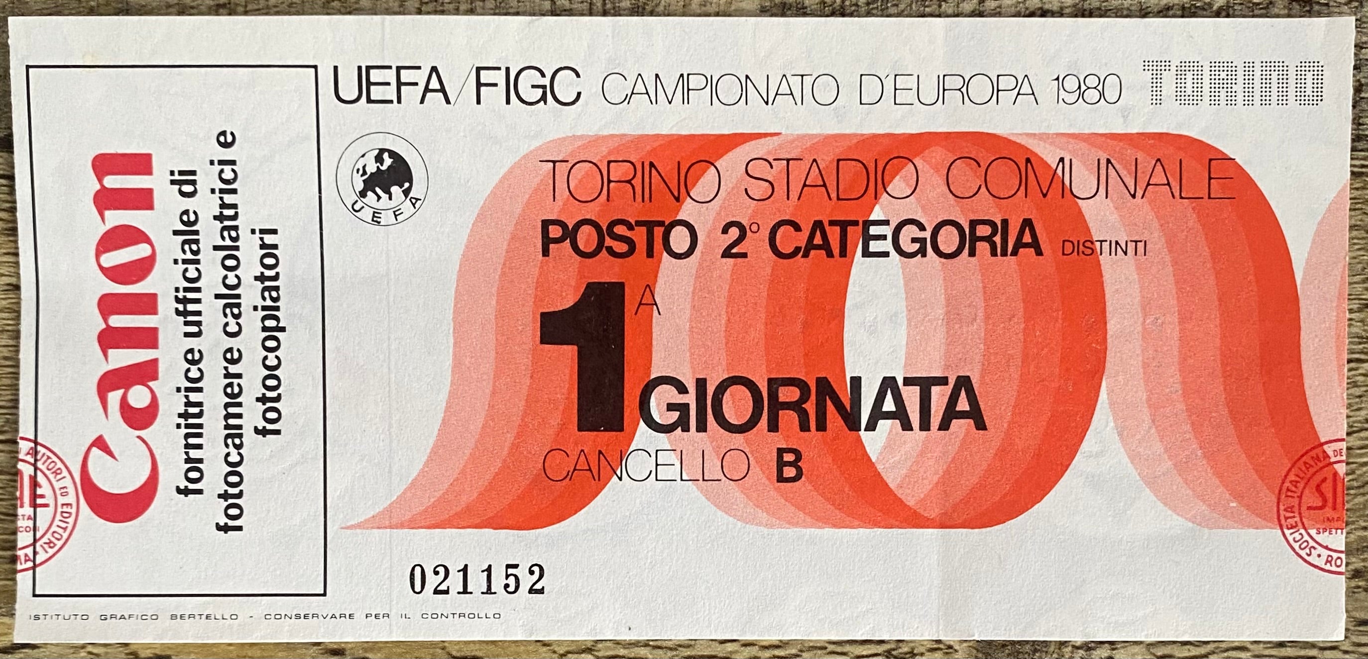 1980 ORIGINAL EUROPEAN CHAMPIONSHIPS 1ST ROUND TICKET BELGIUM V ENGLAND @ TURIN