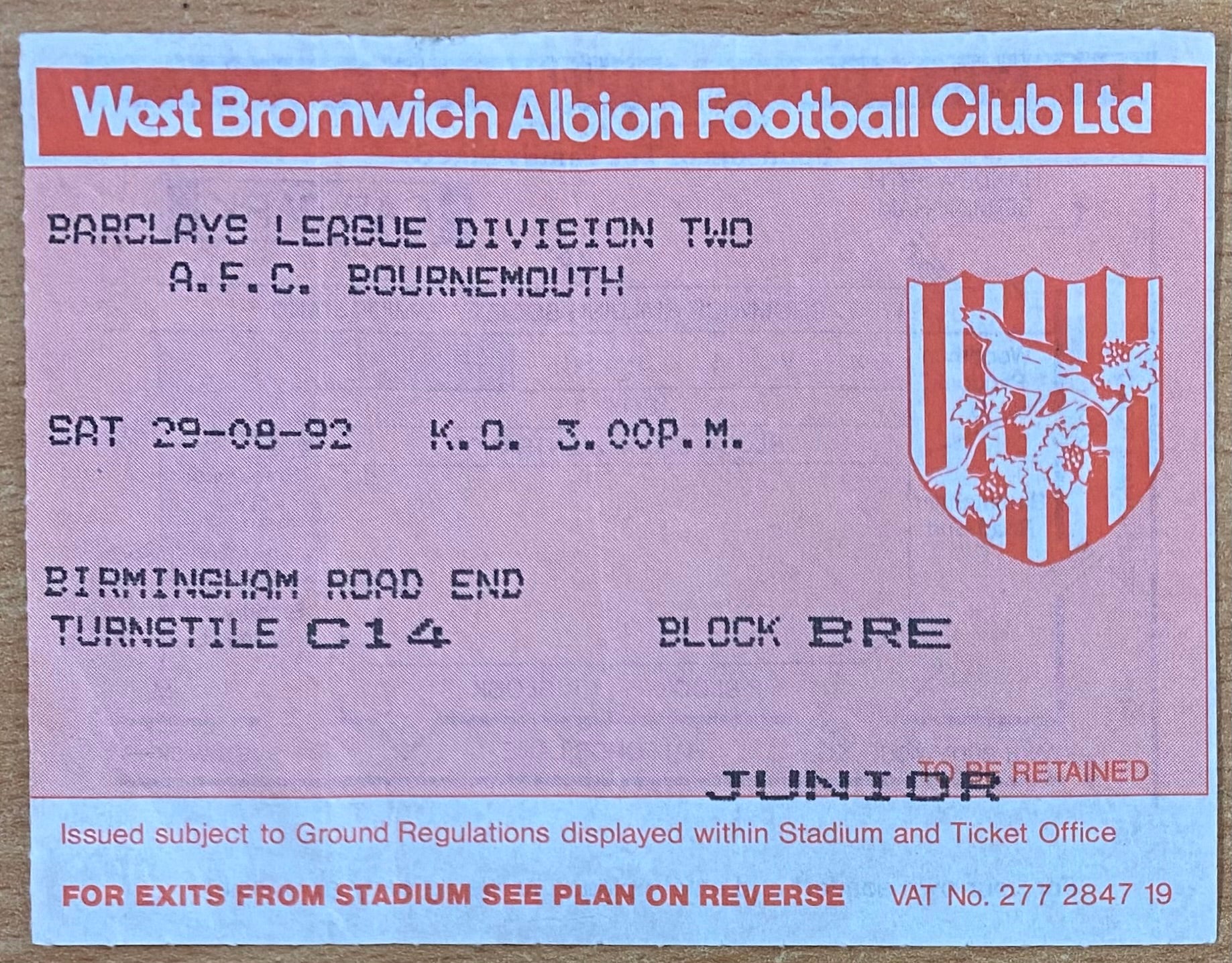1992/93 ORIGINAL DIVISION 2 TICKET WEST BROMWICH ALBION V AFC BOURNEMOUTH