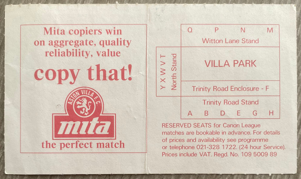 1986/87 ORIGINAL DIVISION ONE TICKET ASTON VILLA V CHARLTON ATHLETIC