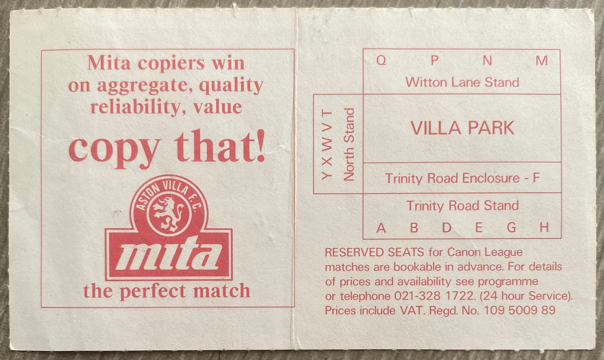 1986/87 ORIGINAL DIVISION ONE TICKET ASTON VILLA V CHARLTON ATHLETIC