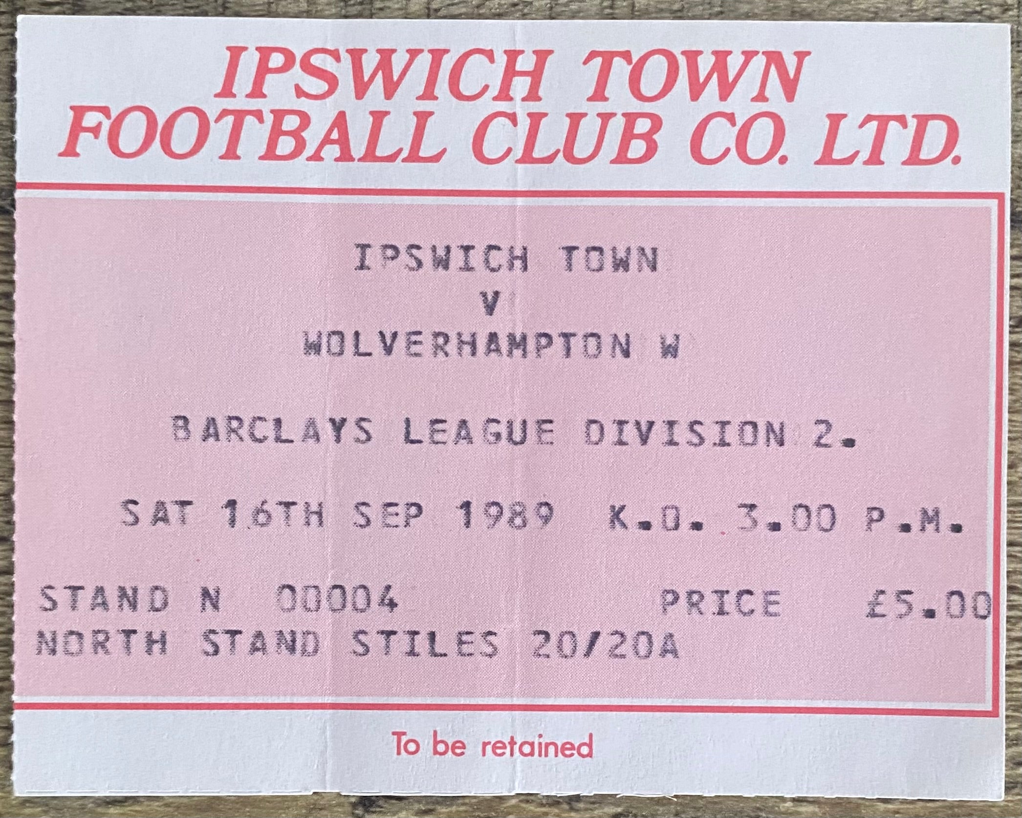 1989/90 ORIGINAL DIVISION 2 TICKET IPSWICH TOWN V WOLVERHAMPTON WANDERERS