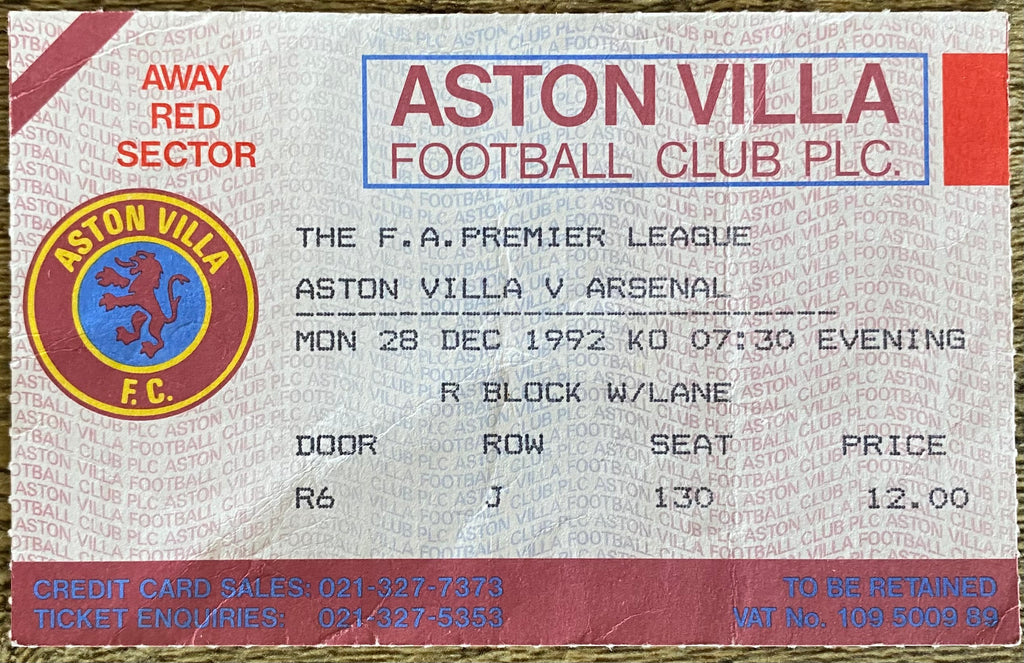 1992/93 ORIGINAL PREMIER LEAGUE TICKET ASTON VILLA V ARSENAL