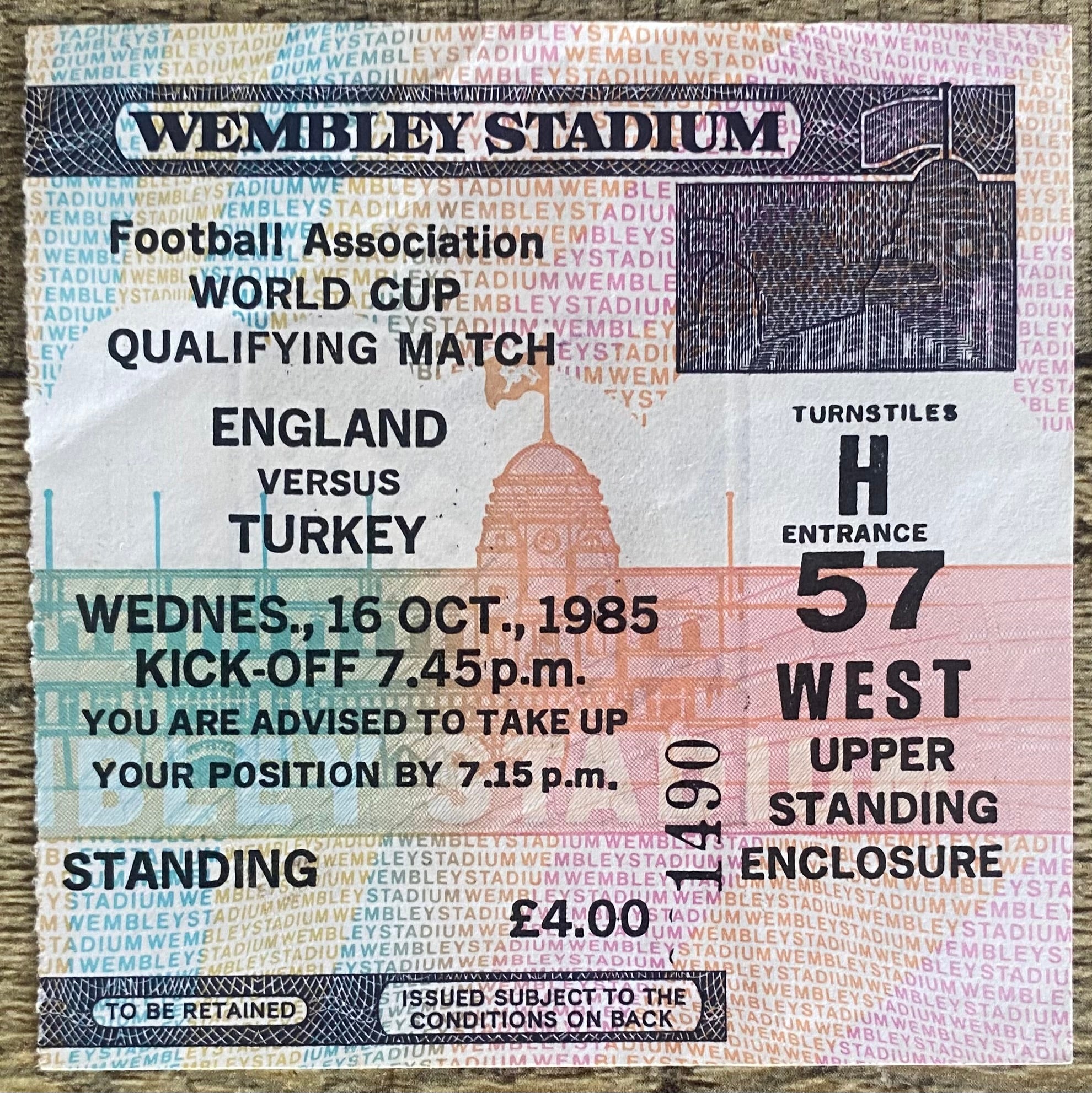 1985 ORIGINAL WORLD CUP QUALIFYING TICKET ENGLAND V TURKEY