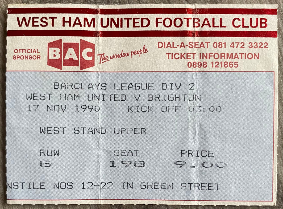 1990/91 ORIGINAL DIVISION 2 TICKET WEST HAM UNITED V BRIGHTON AND HOVE ALBION
