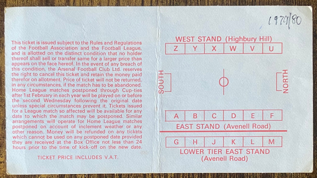 1979/80 ORIGINAL DIVISION ONE TICKET ARSENAL V DERBY COUNTY