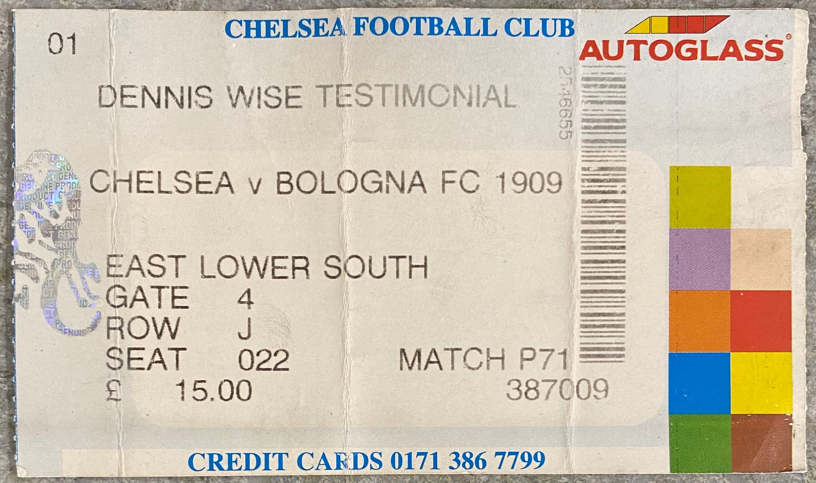 1999/2000 ORIGINAL DENNIS WISE TESTIMONIAL TICKET CHELSEA V BOLOGNA