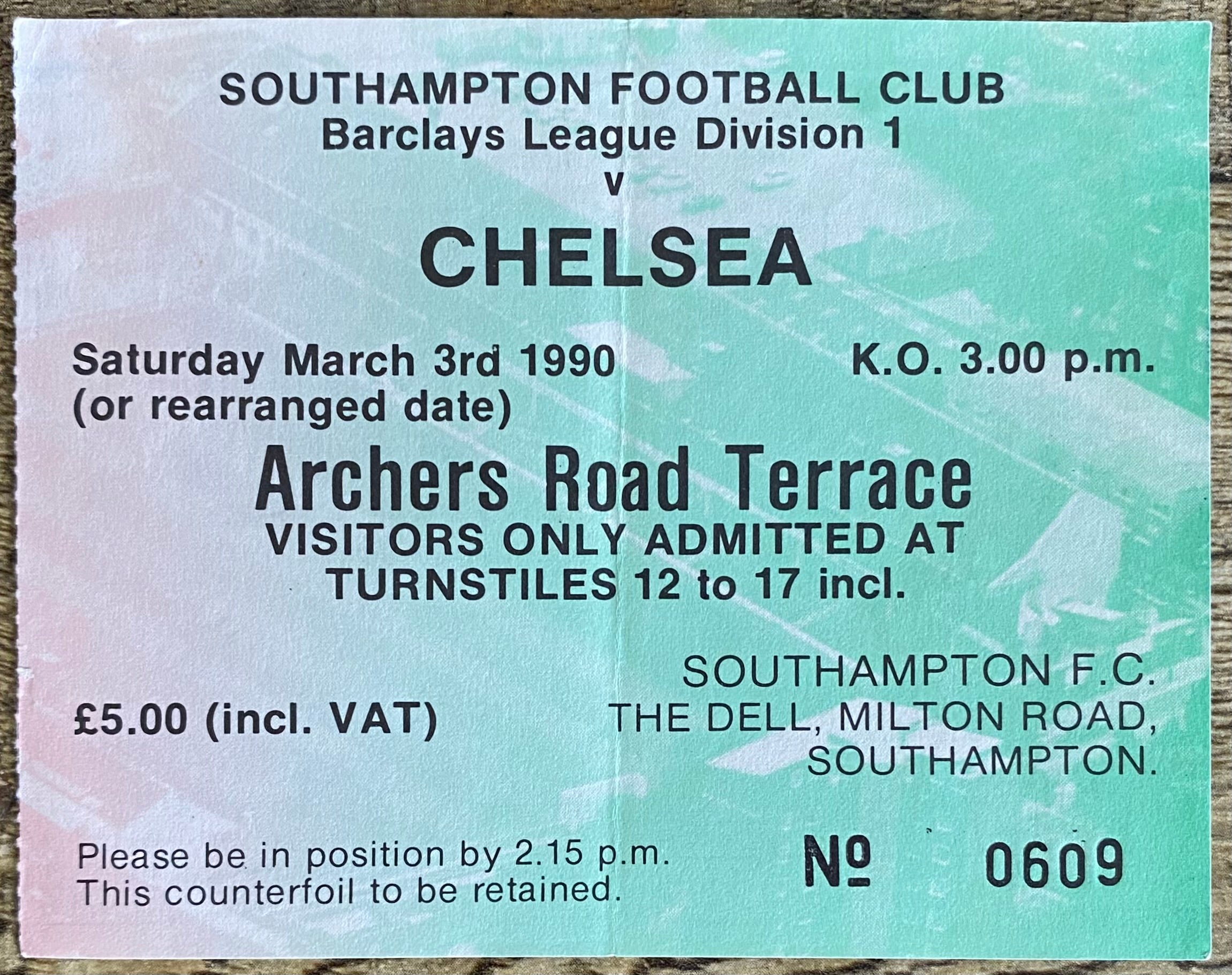 1989/90 ORIGINAL DIVISION 1 TICKET SOUTHAMPTON V CHELSEA
