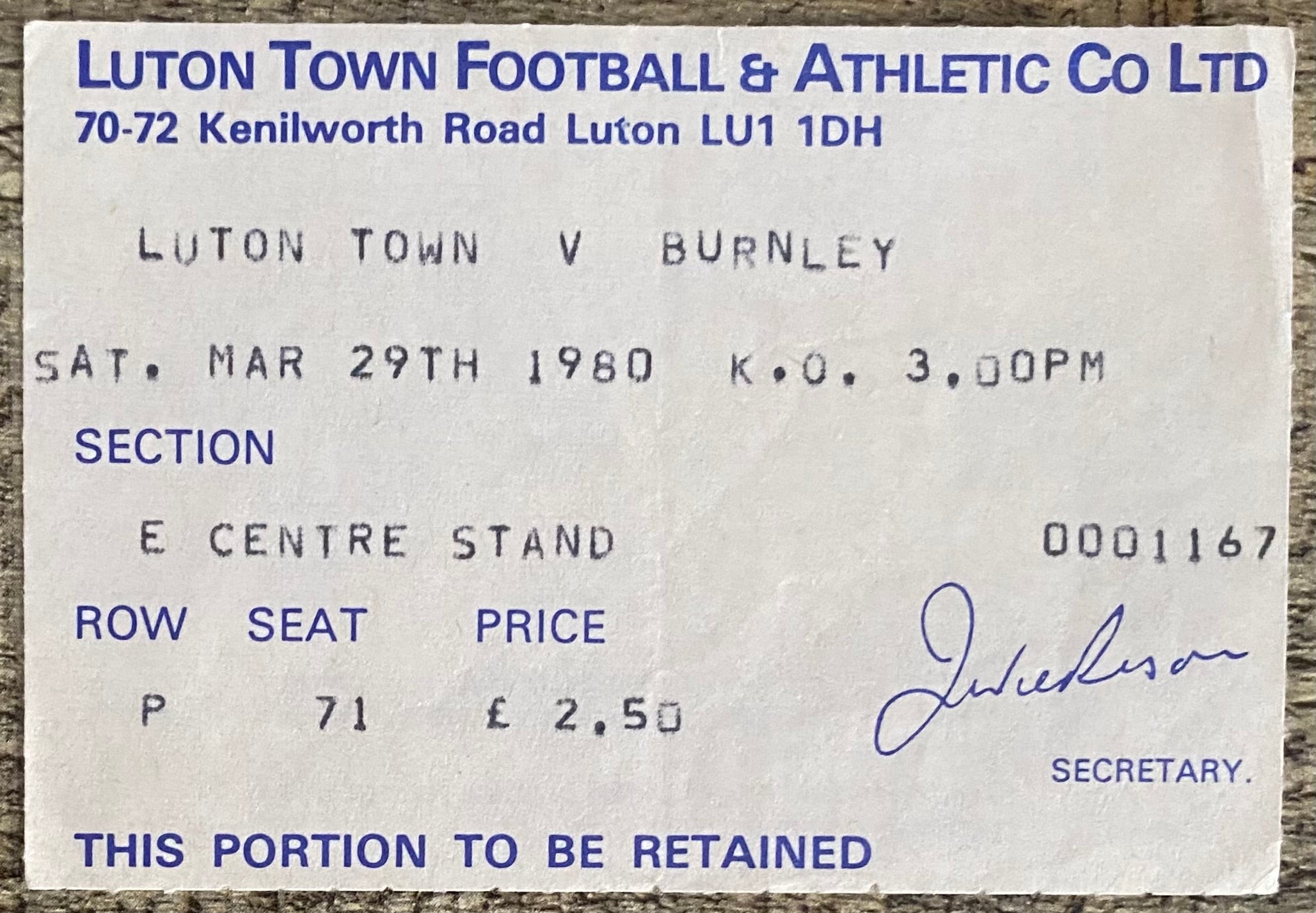1979/80 ORIGINAL DIVISION 2 TICKET LUTON TOWN V BURNLEY