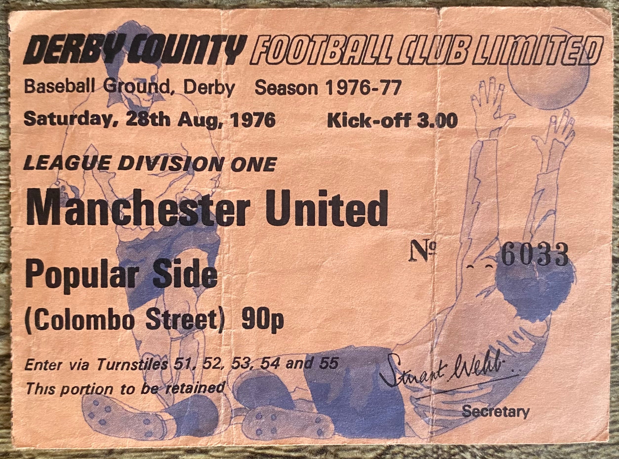 1976/77 ORIGINAL DIVISION 1 TICKET DERBY COUNTY V MANCHESTER UNITED