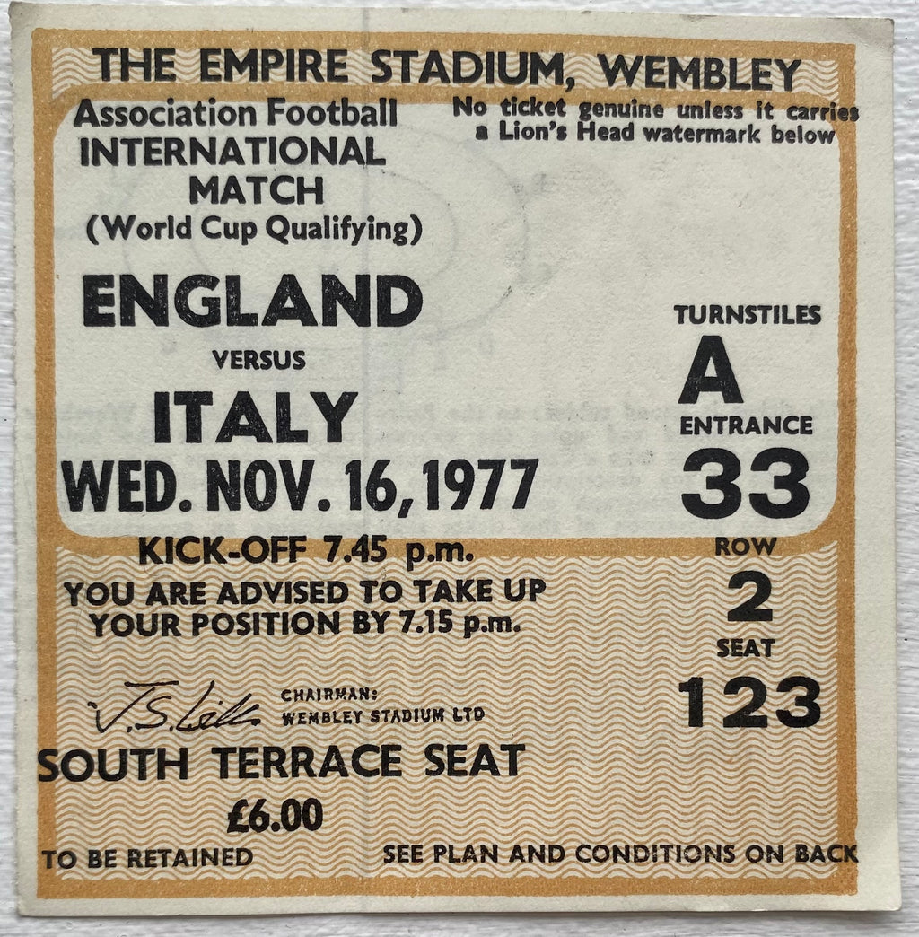 1977 ORIGINAL WORLD CUP QUALIFYING TICKET ENGLAND V ITALY