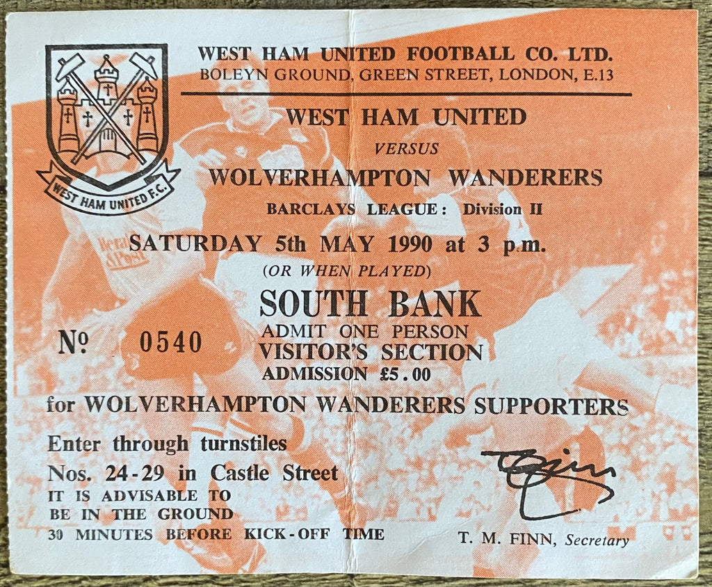 1989/90 ORIGINAL DIVISION 2 TICKET WEST HAM UNITED V WOLVERHAMPTON WANDERERS