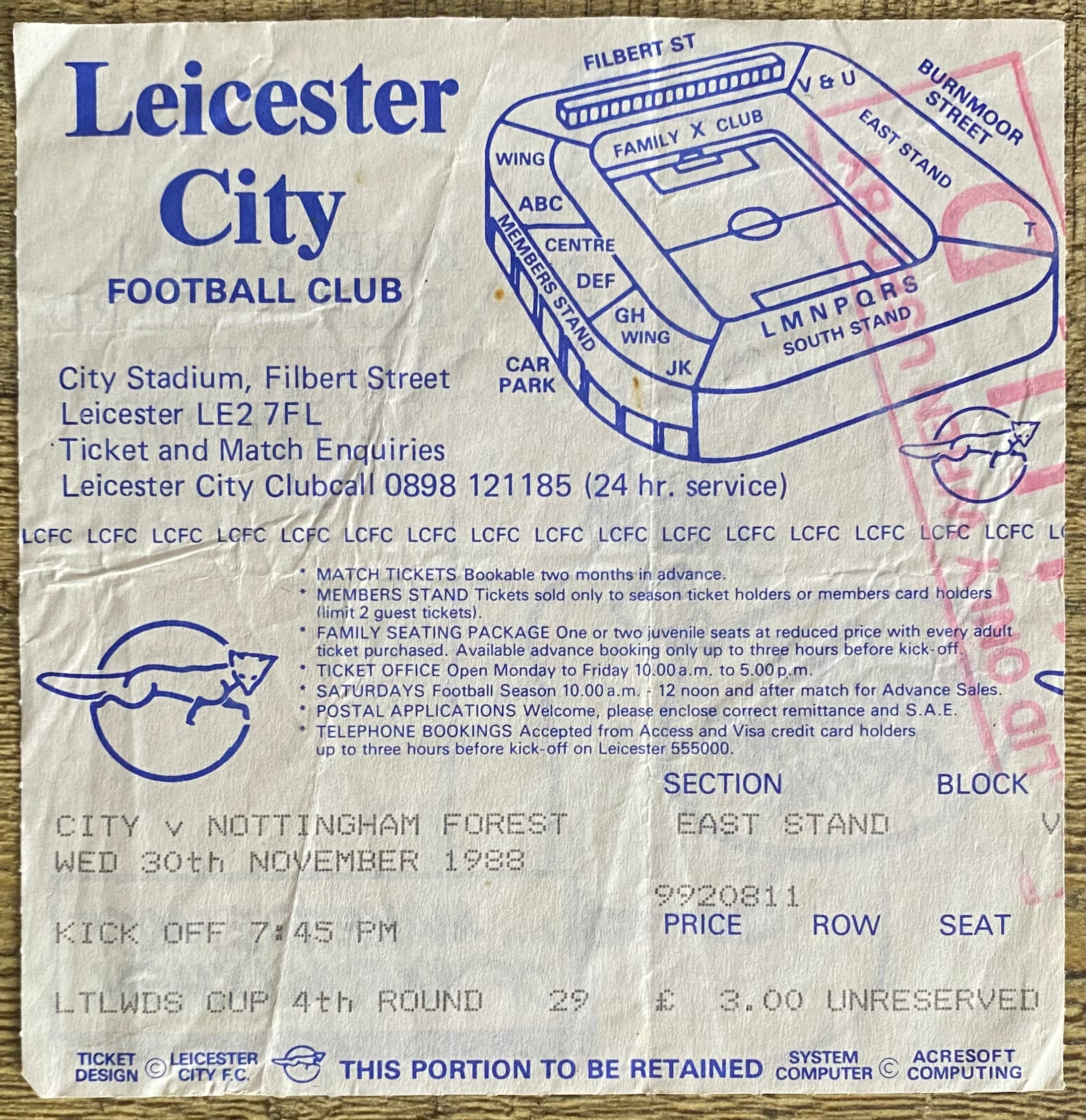 1988/89 ORIGINAL LITTLEWOODS CUP 4TH ROUND TICKET LEICESTER CITY V NOTTINGHAM FOREST