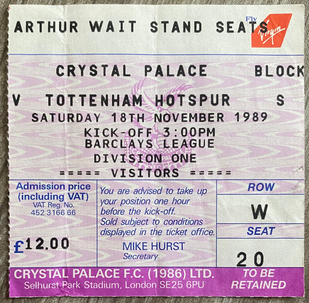 1989/90 ORIGINAL DIVISION ONE TICKET CRYSTAL PALACE V TOTTENHAM HOTSPUR