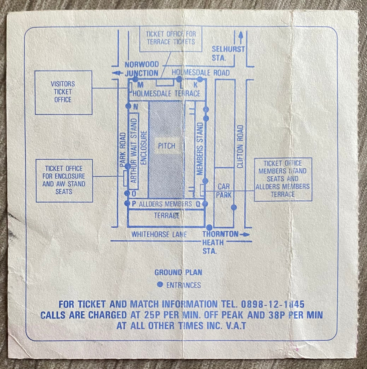 1989/90 ORIGINAL DIVISION ONE TICKET CRYSTAL PALACE V TOTTENHAM HOTSPUR