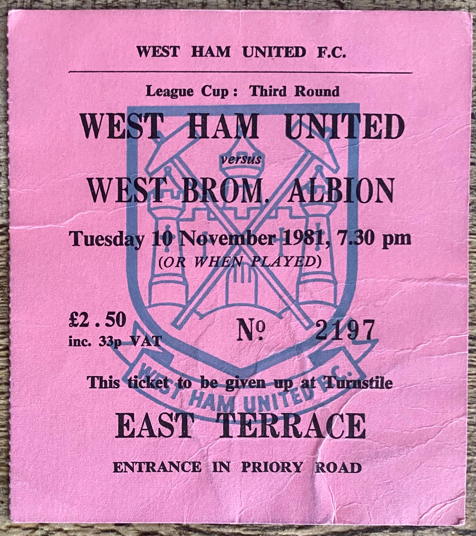 1981/82 ORIGINAL LEAGUE CUP 3RD ROUND  TICKET WEST HAM UNITED V WEST BROMWICH ALBION