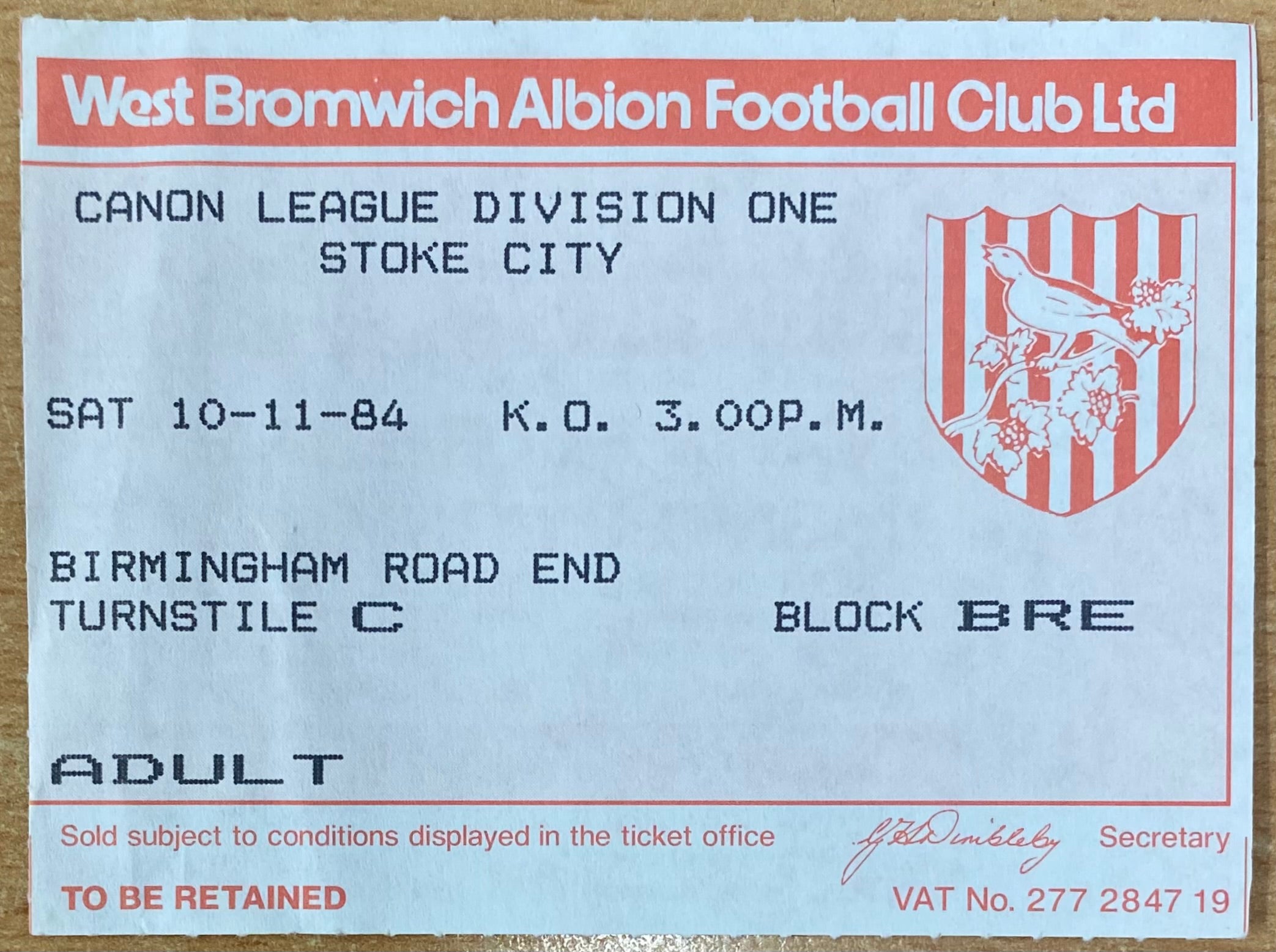 1984/85 ORIGINAL DIVISION 1 TICKET WEST BROMWICH ALBION V STOKE CITY