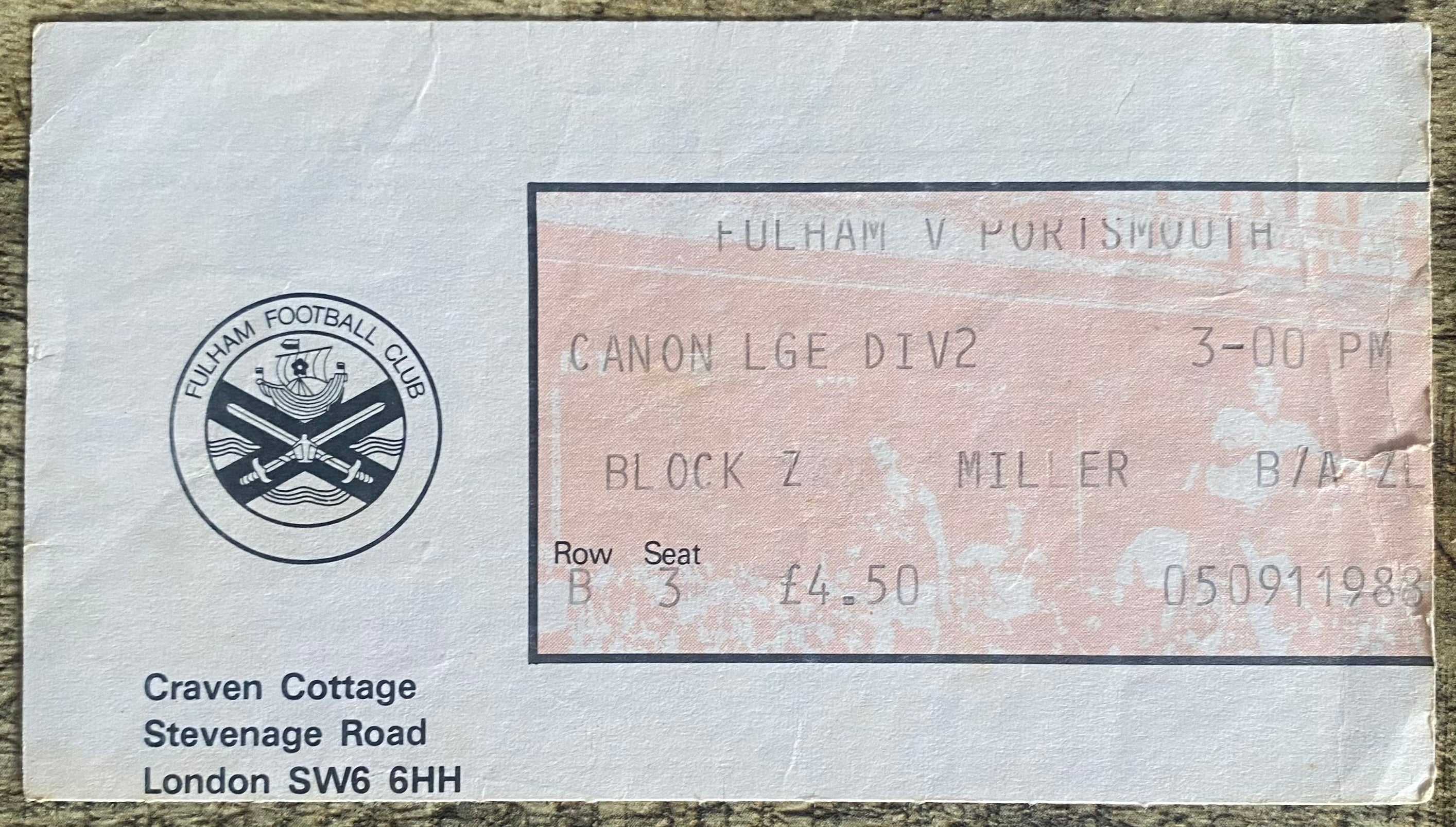1983/84 ORIGINAL DIVISION 2 TICKET FULHAM V PORTSMOUTH