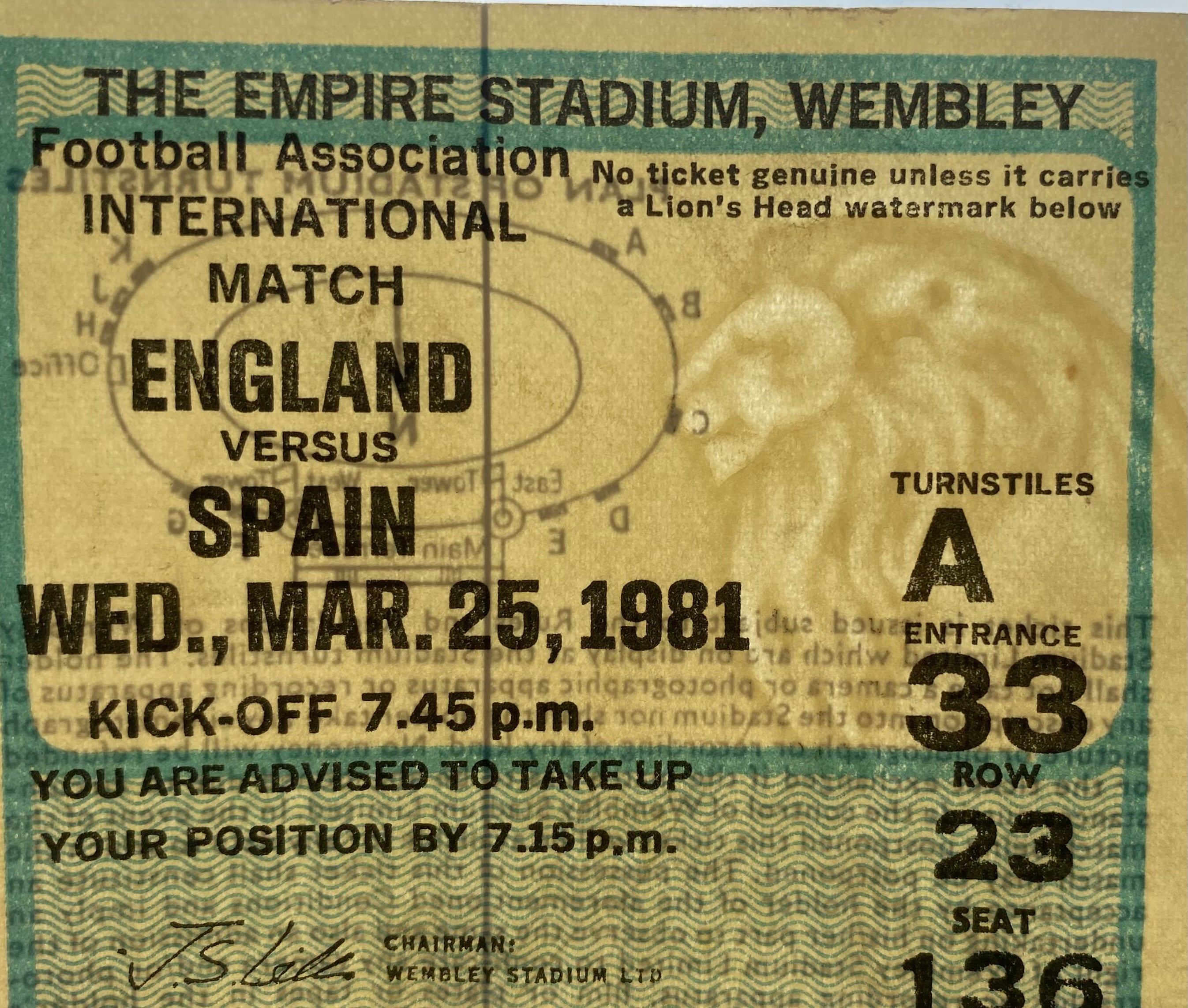 1981 ORIGINAL INTERNATIONAL TICKET ENGLAND V SPAIN