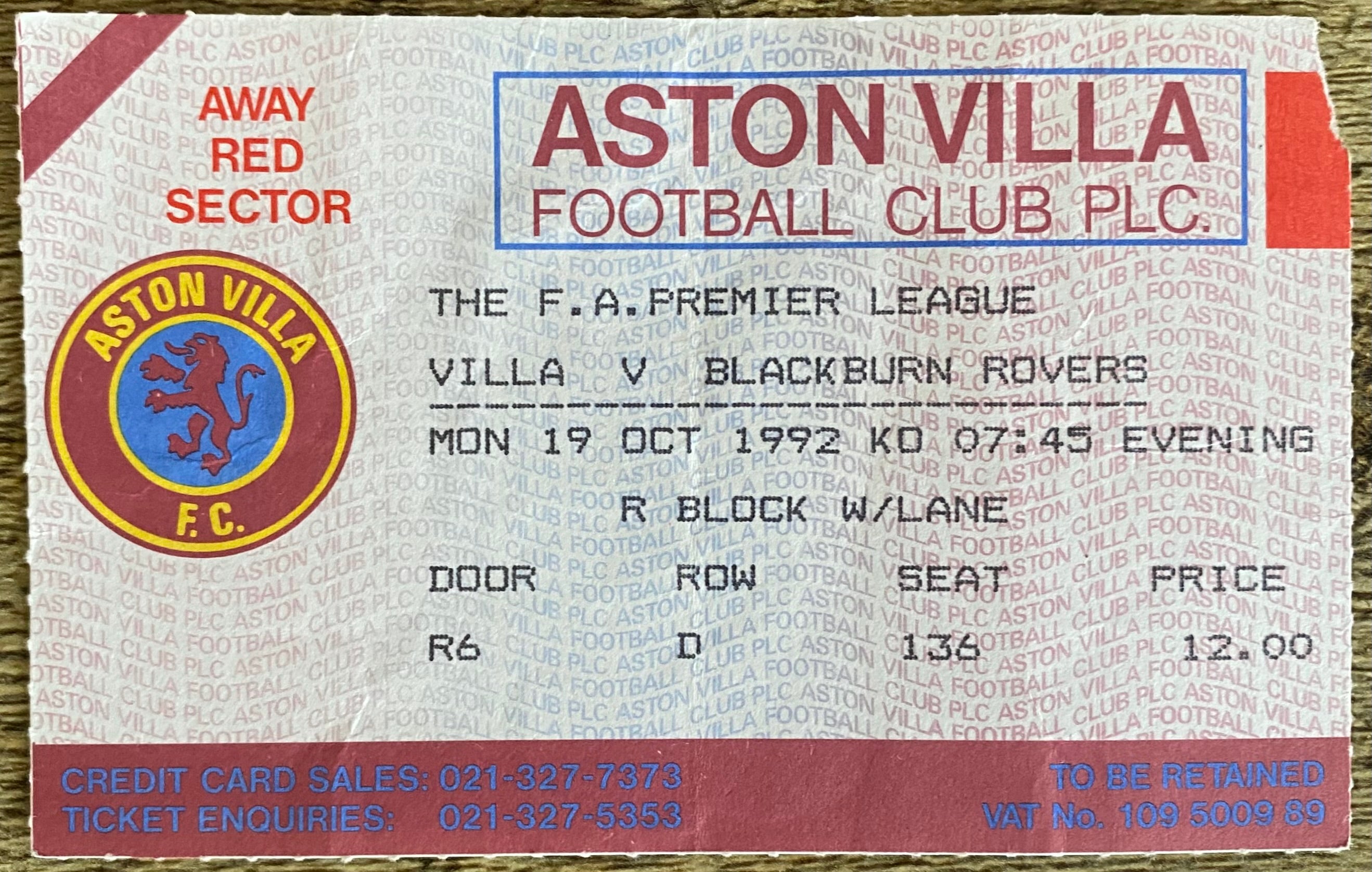 1992/93 ORIGINAL PREMIER LEAGUE TICKET ASTON VILLA V BLACKBURN ROVERS