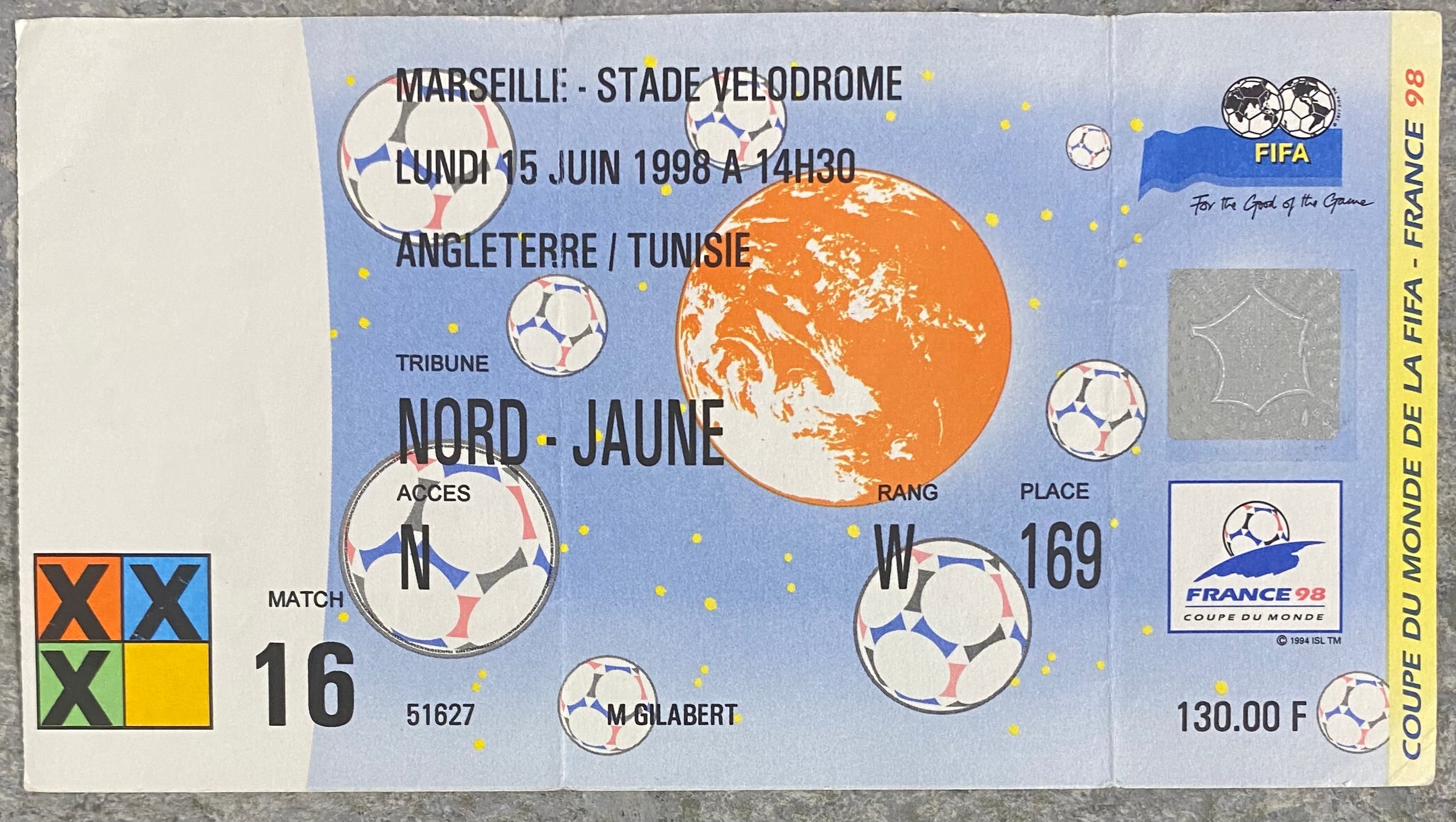 1998 ORIGINAL WORLD CUP 1ST ROUND TICKET ENGLAND V TUNISIA @ MARSIELLE