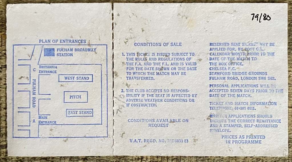 1979/80 ORIGINAL DIVISION 2 TICKET CHELSEA V SUNDERLAND