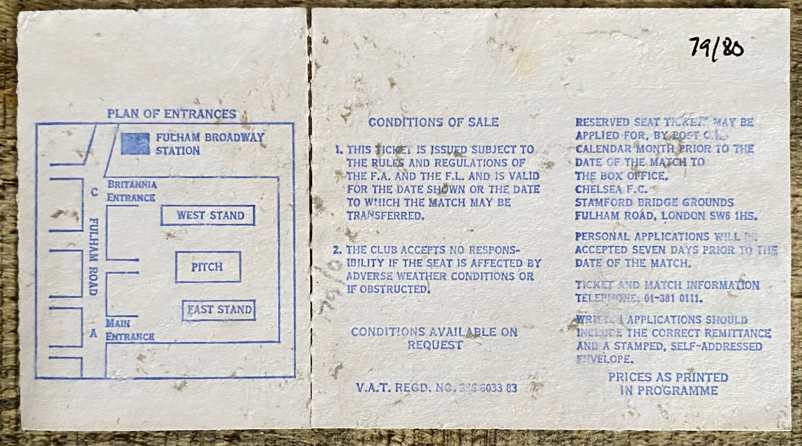 1979/80 ORIGINAL DIVISION 2 TICKET CHELSEA V SUNDERLAND