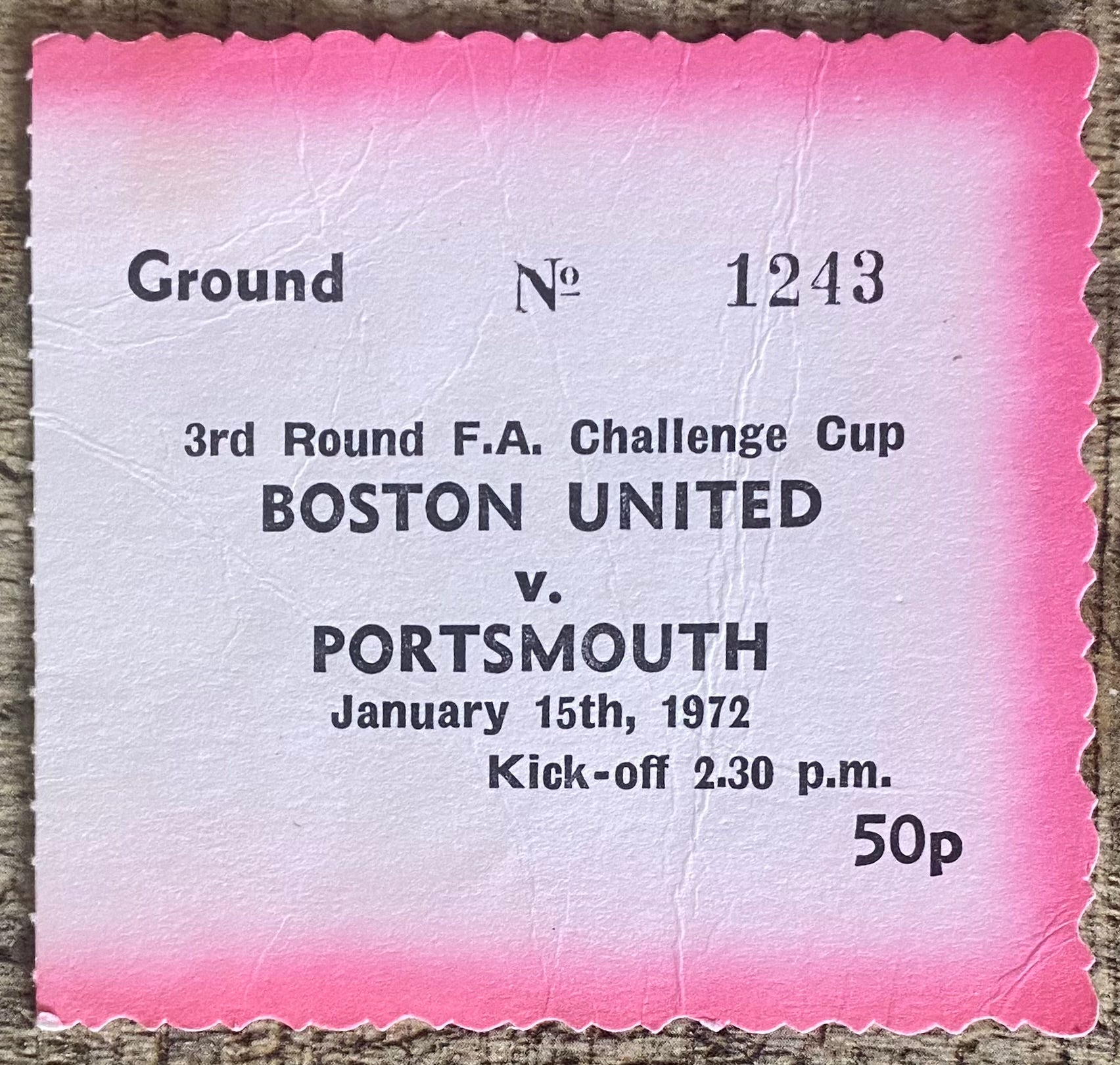 1971/72 ORIGINAL FA CUP 3RD ROUND TICKET BOSTON UNITED V PORTSMOUTH