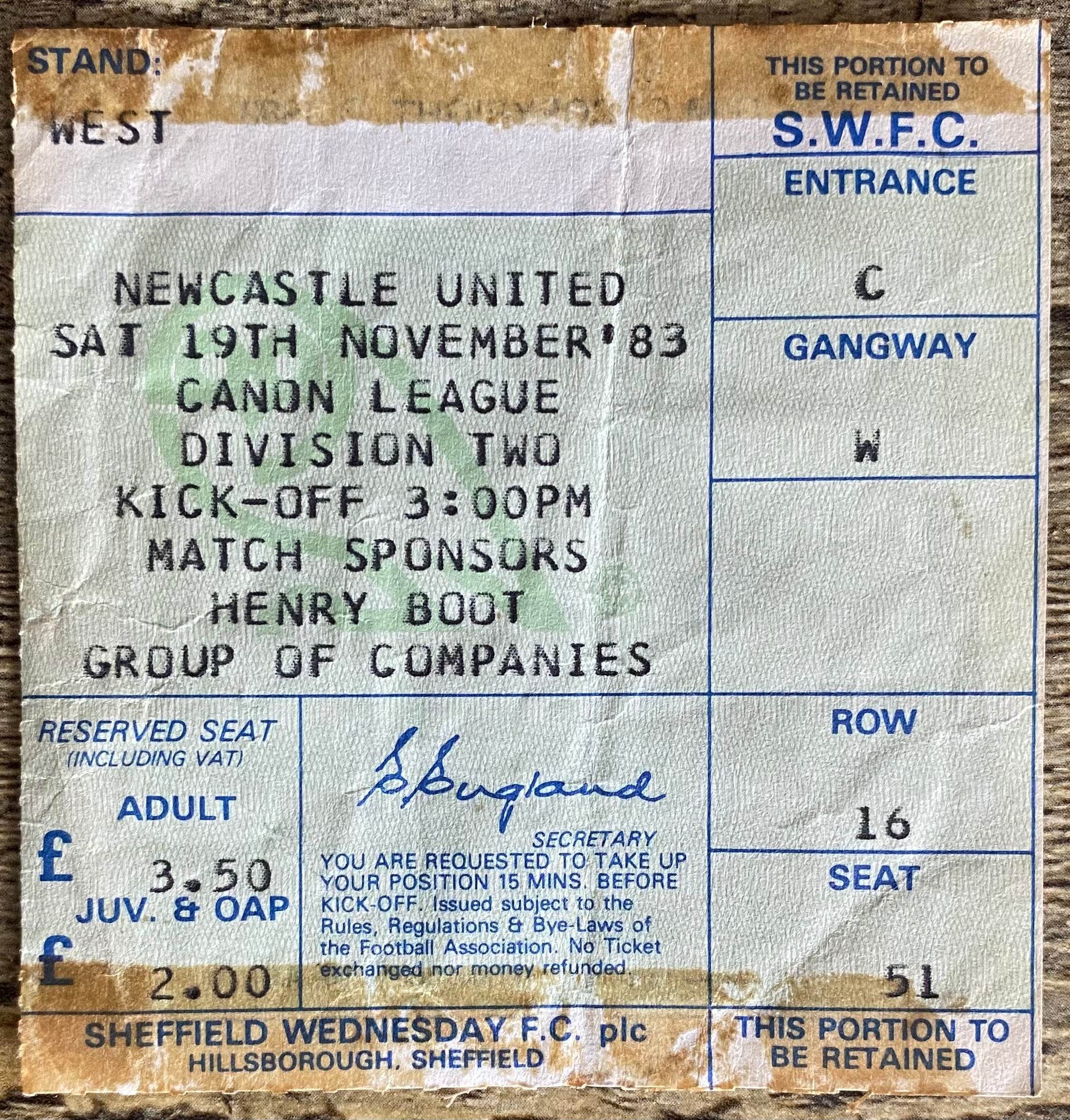 1983/84 ORIGINAL DIVISION 2 TICKET SHEFFIELD WEDNESDAY V NEWCASTLE UNITED