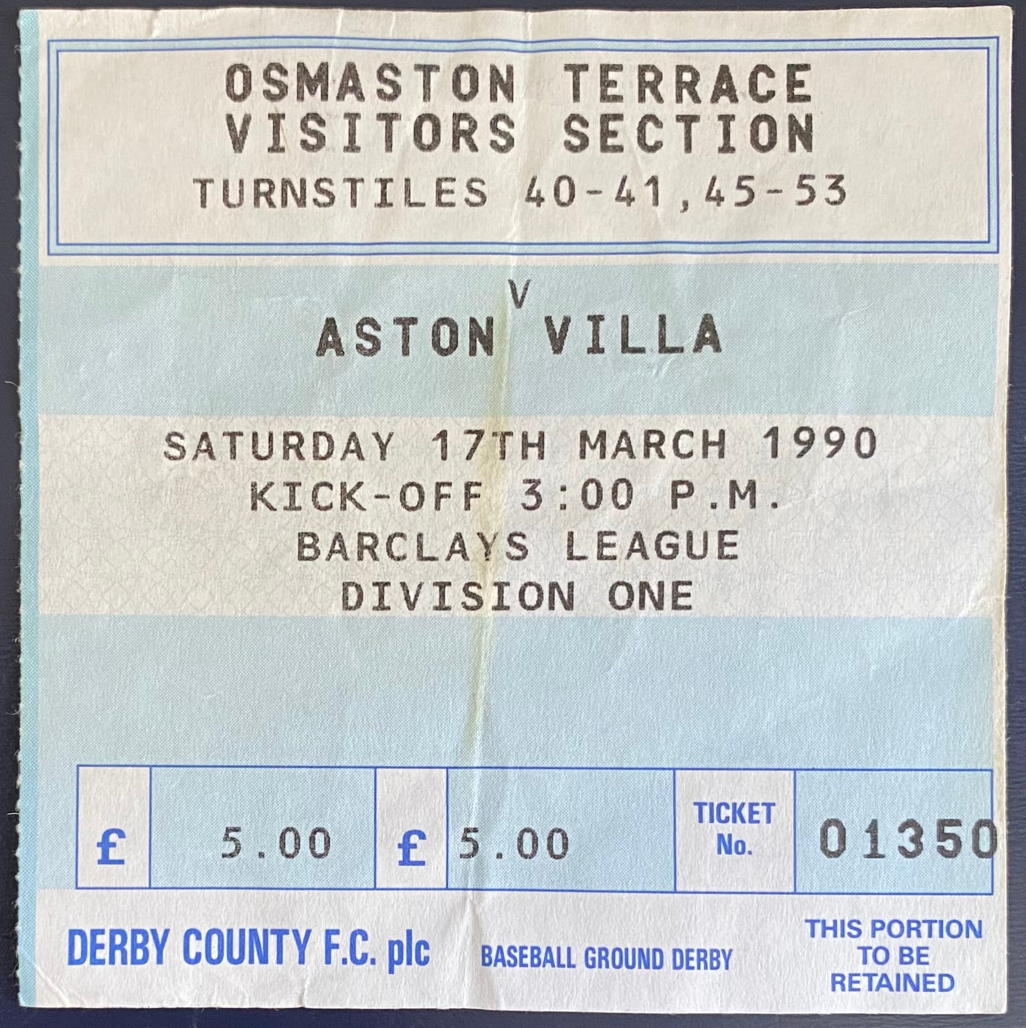 1989/90 ORIGINAL DIVISION 1 TICKET DERBY COUNTY V ASTON VILLA