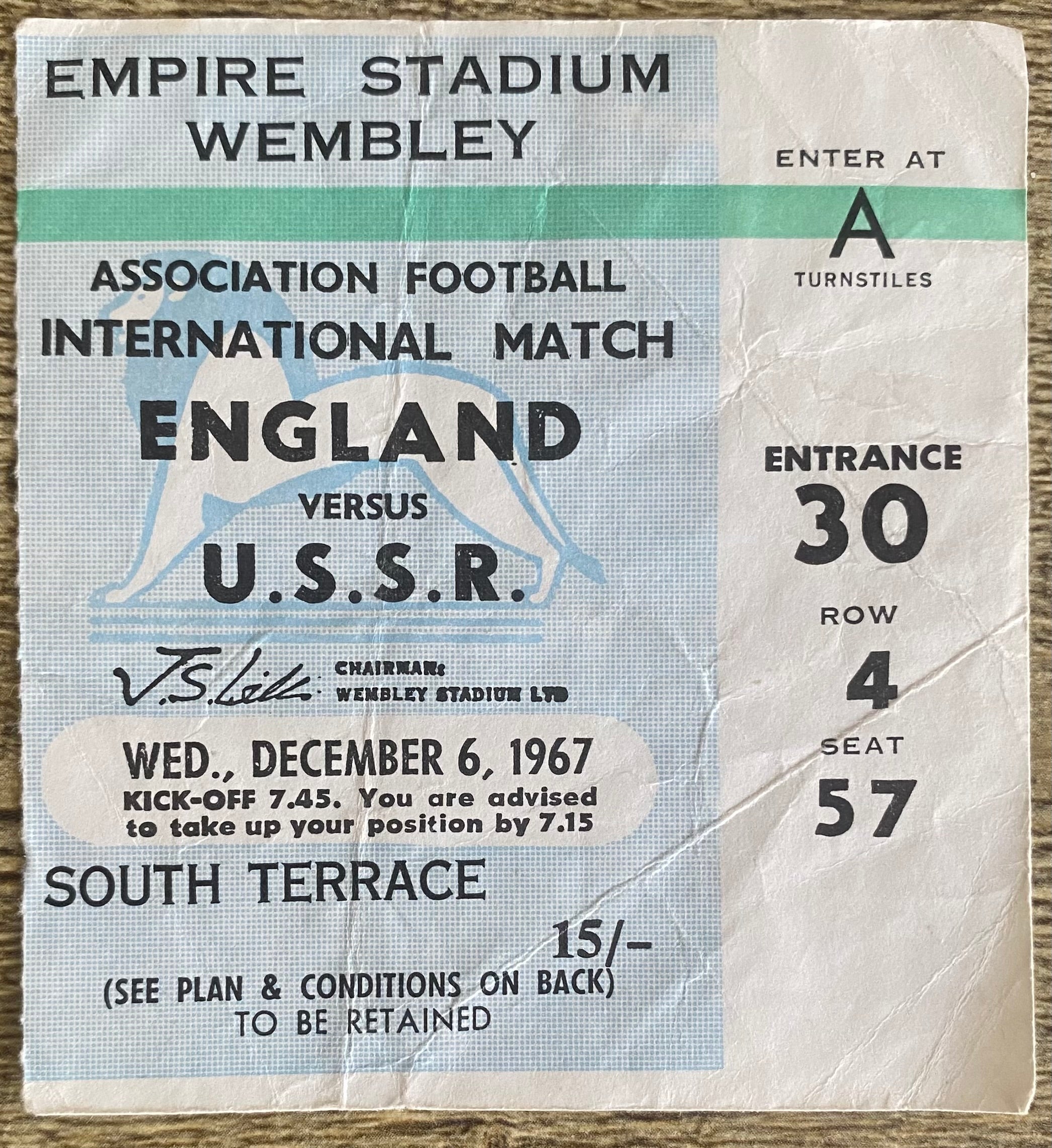 1967 ORIGINAL INTERNATIONAL TICKET ENGLAND V SOVIET UNION