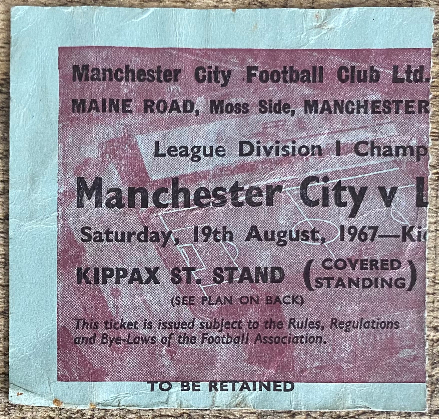 1967/68 ORIGINAL DIVISION 1 TICKET MANCHESTER CITY V LIVERPOOL