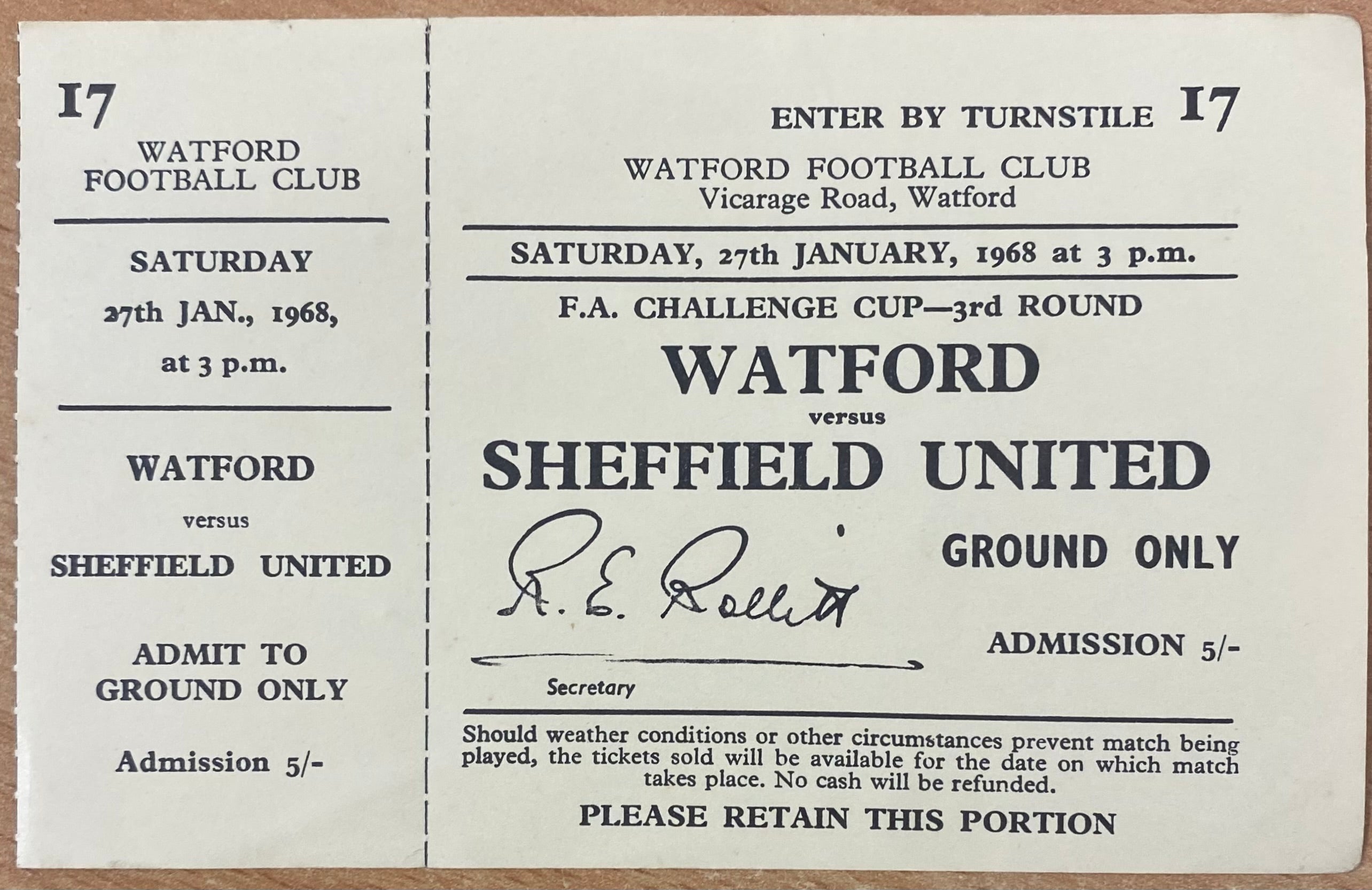 1967/68 ORIGINAL FA CUP 3RD ROUND UNUSED TICKET WATFORD V SHEFFIELD UNITED